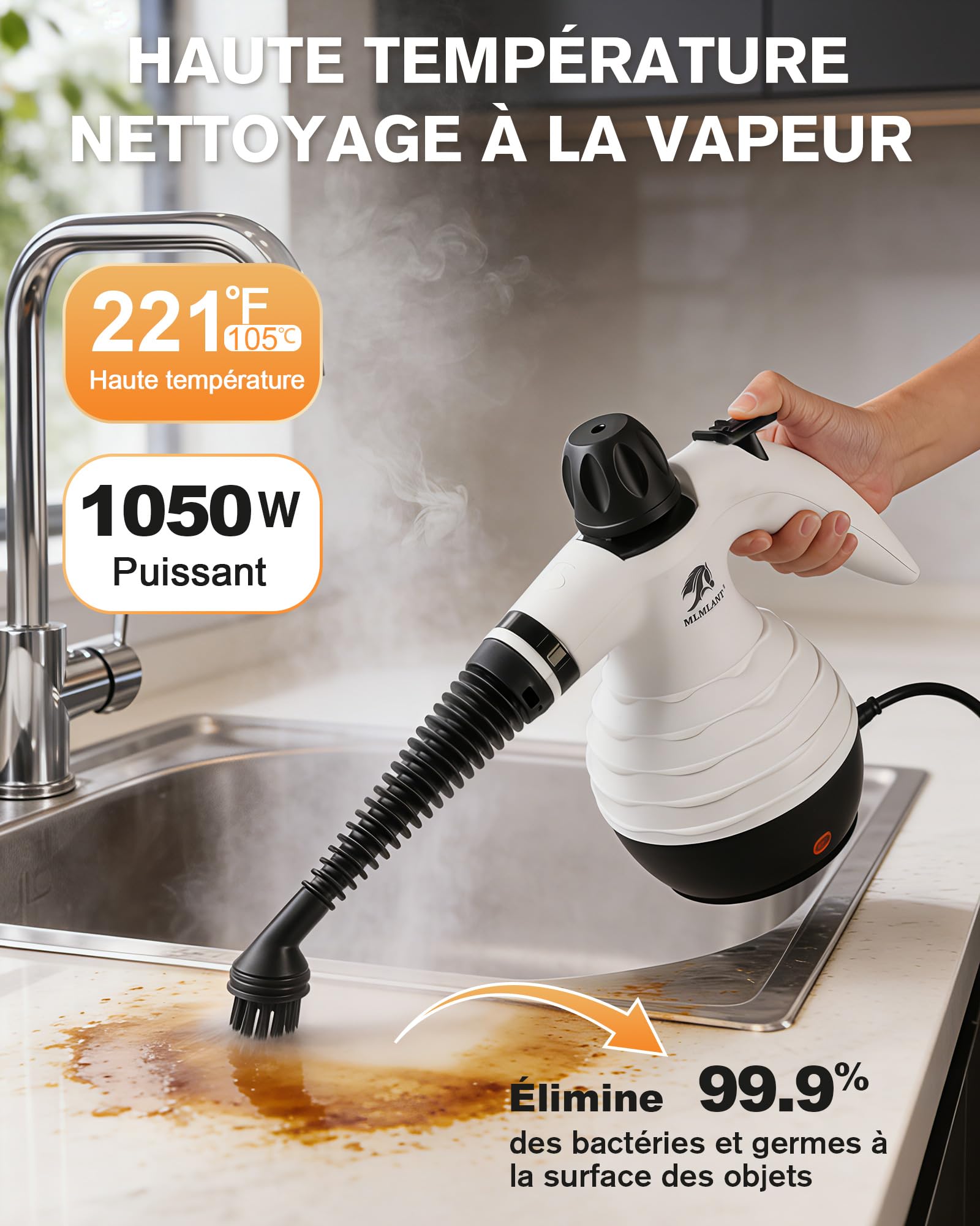 MLMLANT Nettoyeur vapeur, nettoyeur vapeur portable, avec verrou de sécurité et kit d'accessoires de 10 pièces, pour sièges de voiture, canapés, fenêtres, meubles rembourrés et plus encore.
