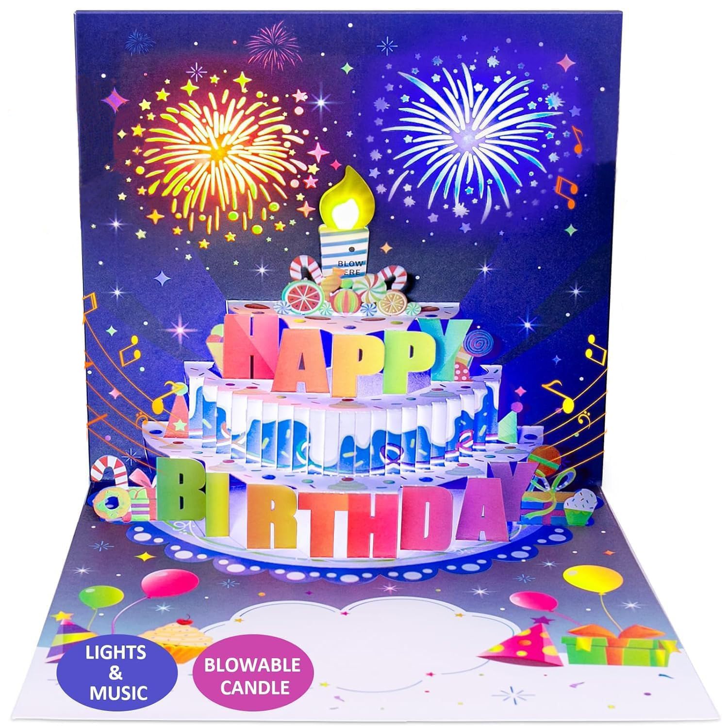 3D Pop Up Birthday Card with Musical, LED Lights Blowable Candle and Cake Design, Happy Birthday Greeting Card Gifts for Women Men Husband Wife Kids Greeting Cards With Envelopes