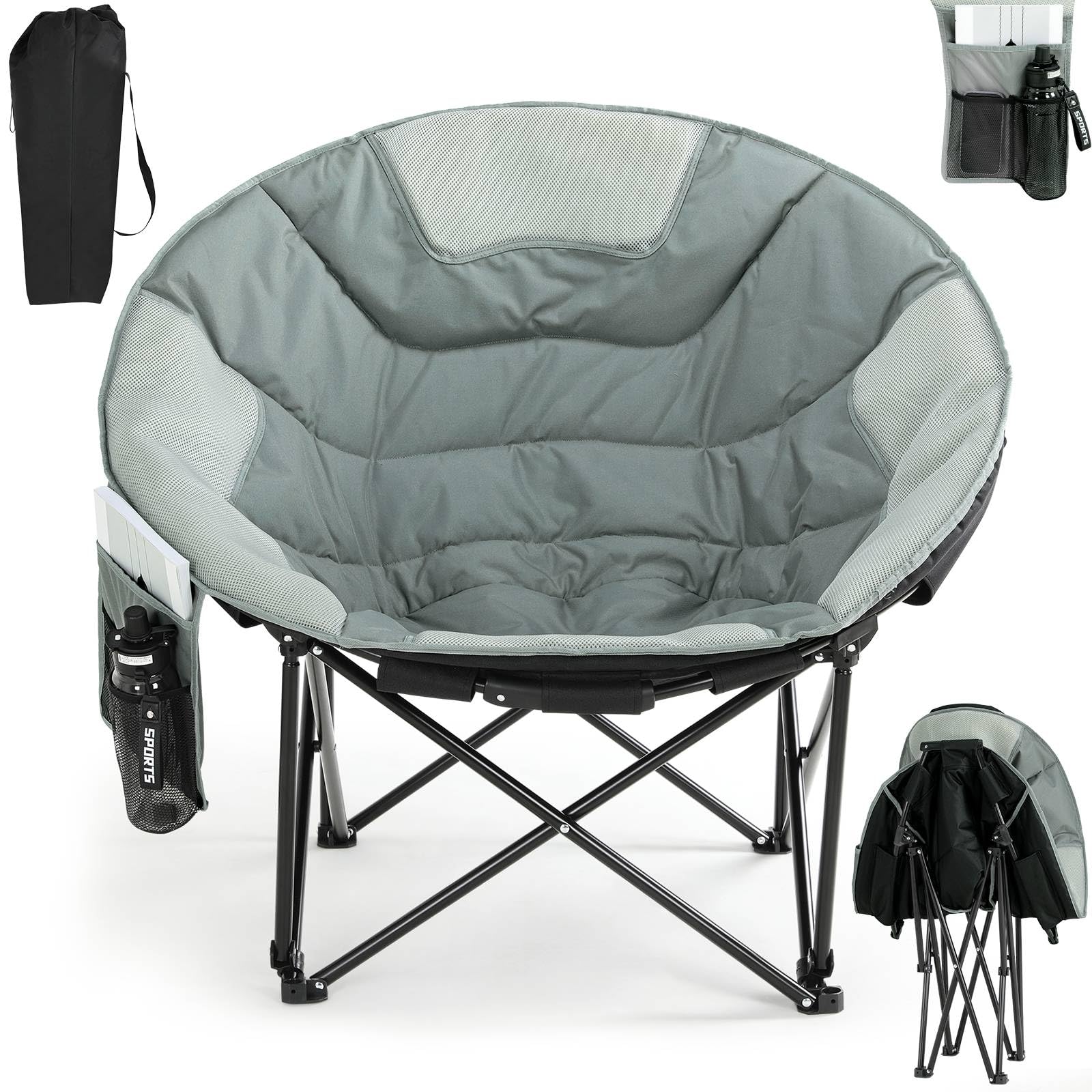 Clevich Folding Moon Chair, Heavy Duty Camping Chair with Breathable Mesh, Padded Cushion, Storage Bag, Supports 150kg Portable Garden Chair for Fishing Beach Outdoor Indoor