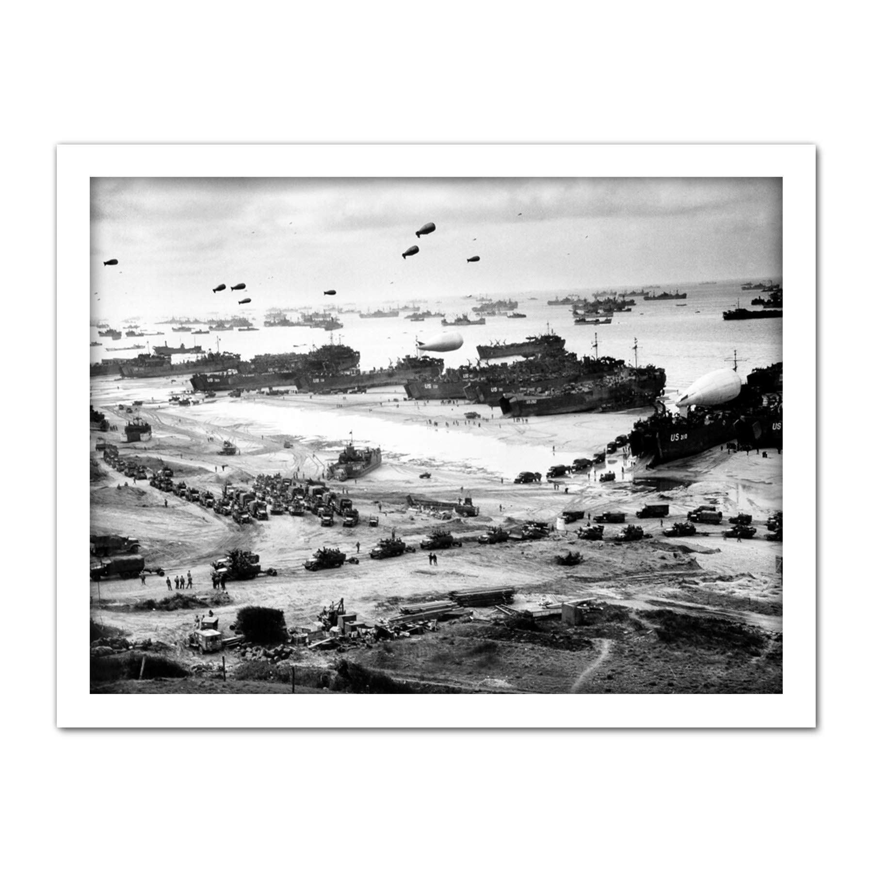 WWII War US Landing Ships Omaha Beach D-Day 1944 Photo Artwork Framed Wall Art Print 18X24 Inch
