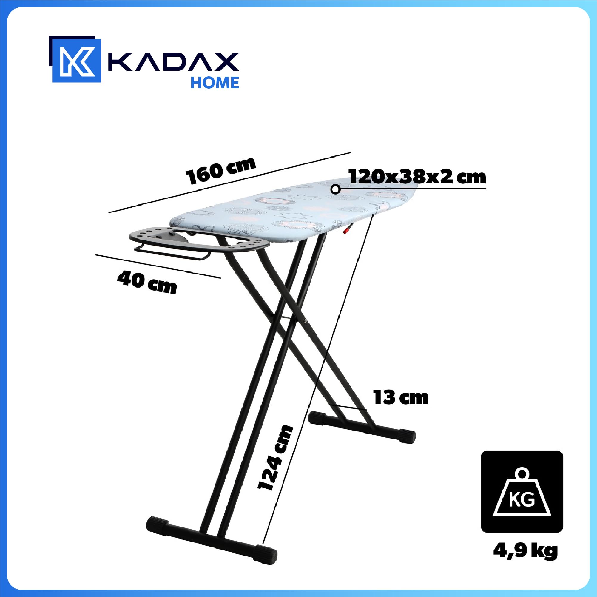 KADAX großes Bügelbrett 120x38cm - Stabiler Bügeltisch für Dampfbügelstation, klappbar, höhenverstellbar, mit hitzebeständiger Bügeleisenablage