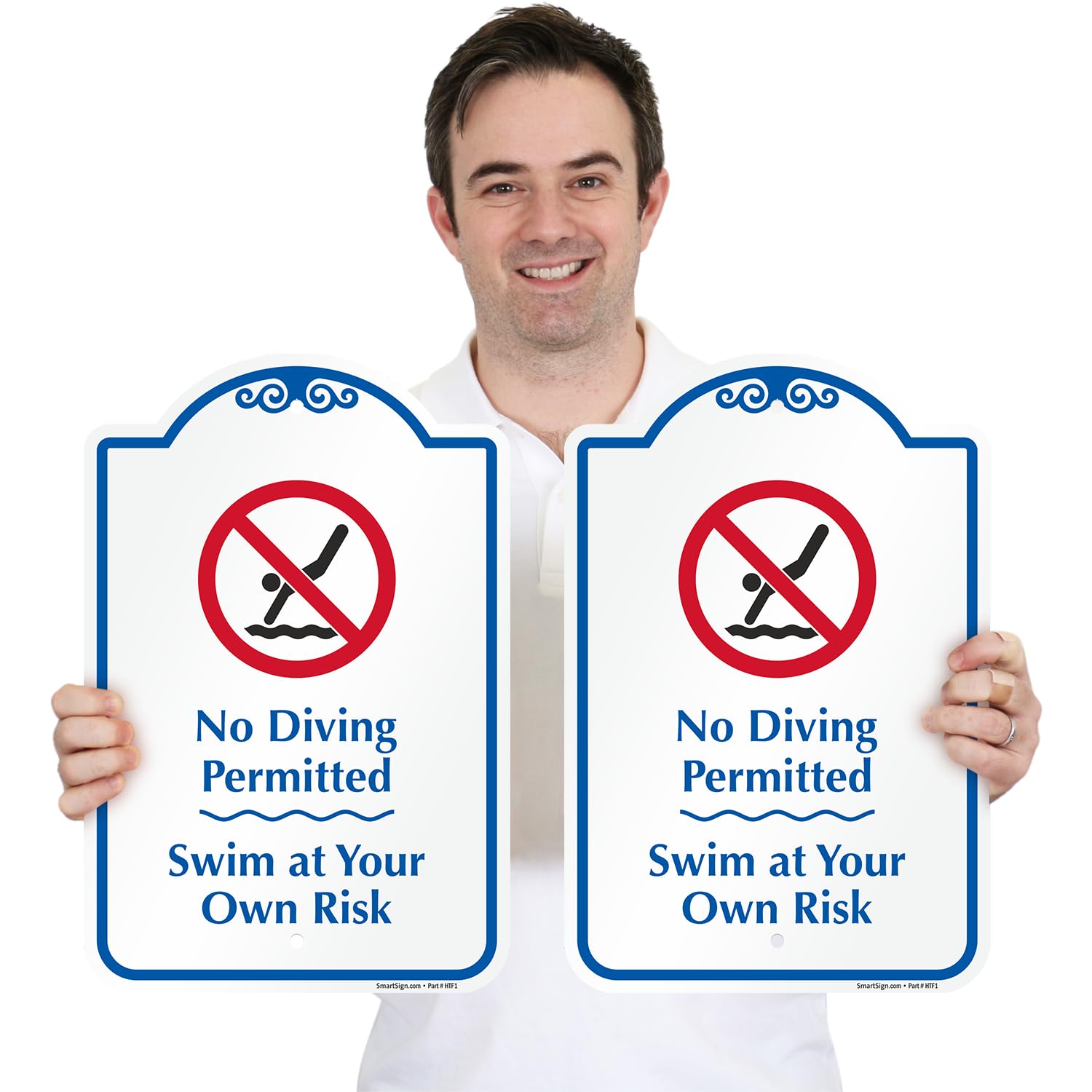 SmartSign 2-Pack Designer Pool Rules “No Diving Permitted, Swim At Your Own Risk” Sign with Symbol, 18 x 12 inch Sign, 120 mil Aluminum Composite (ACM) with Overcoat, Blue, Red and White