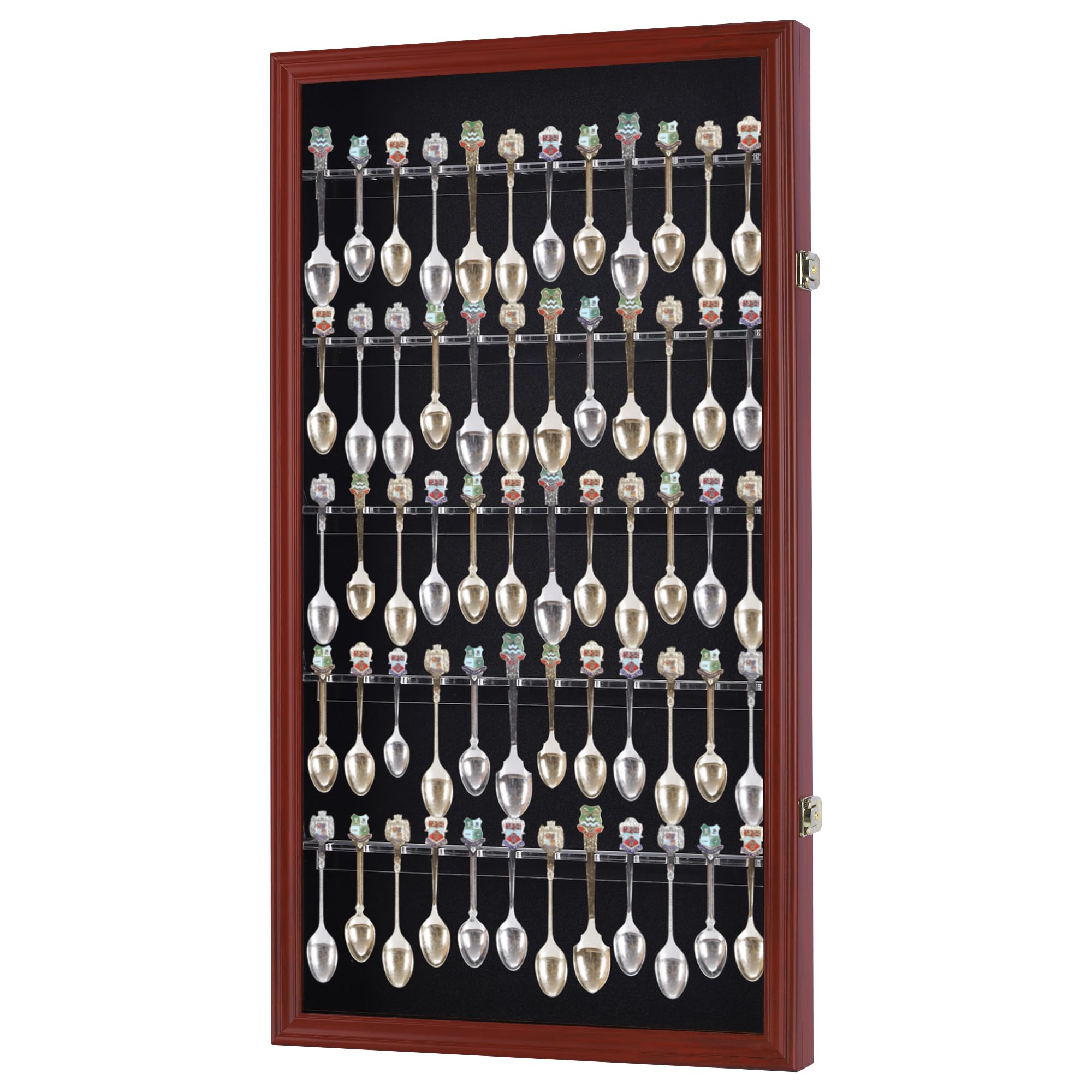 DisplayGifts 60 Souvenir Spoon Tea Spoon Display Case Rack Holder Wall Cabinet Collection Frame with UV Protection, Lockable Door (Cherry Finish)