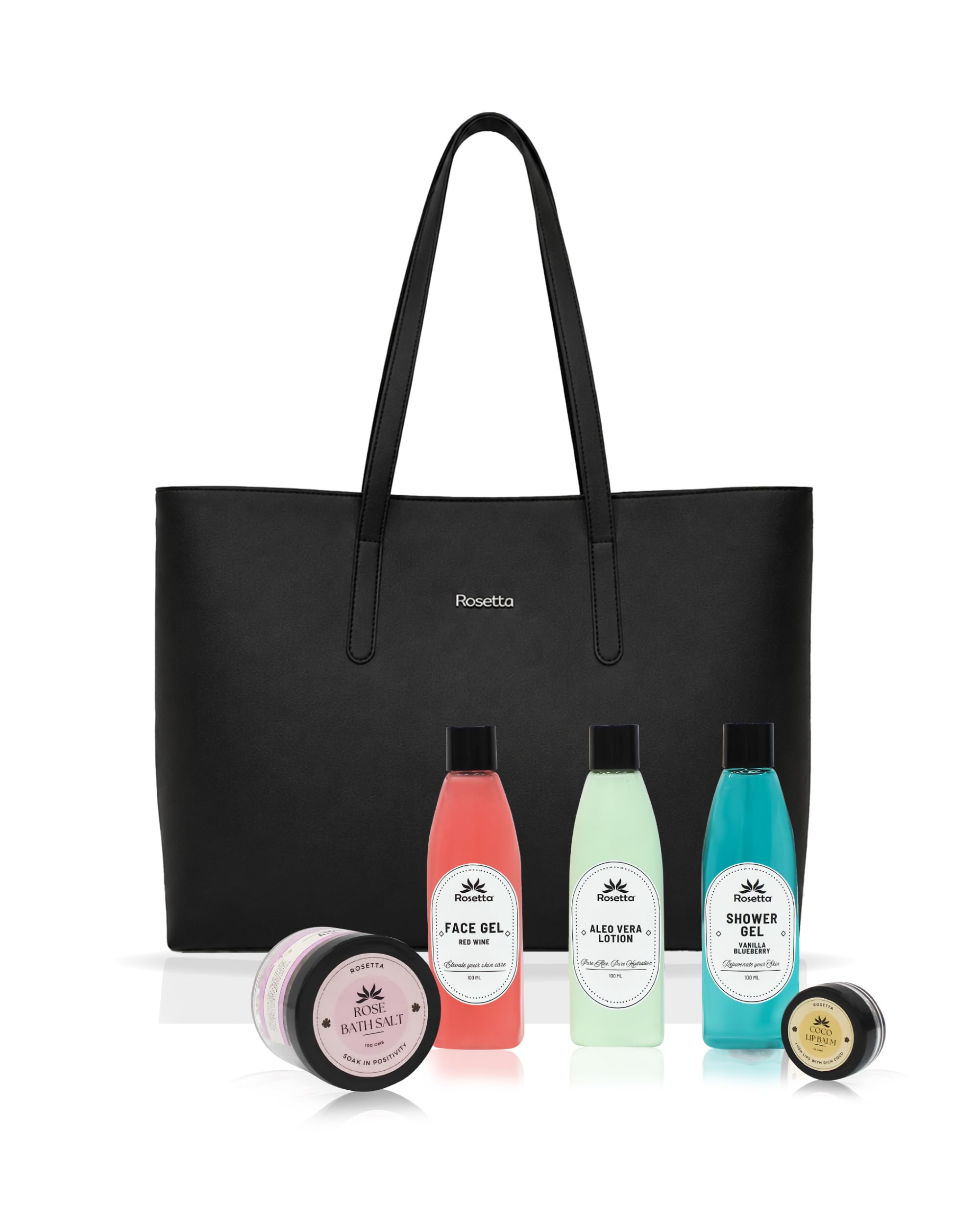 Rosetta Women's Premium Tote Handbag Combo Gift Set with Aloe Vera Lotion, Face Gel, Shower Gel, Rose Bath Salt & Lip Balm | Stylish Tote Shoulder Bag for Office, Travel & Daily Use (Black ).-image-46