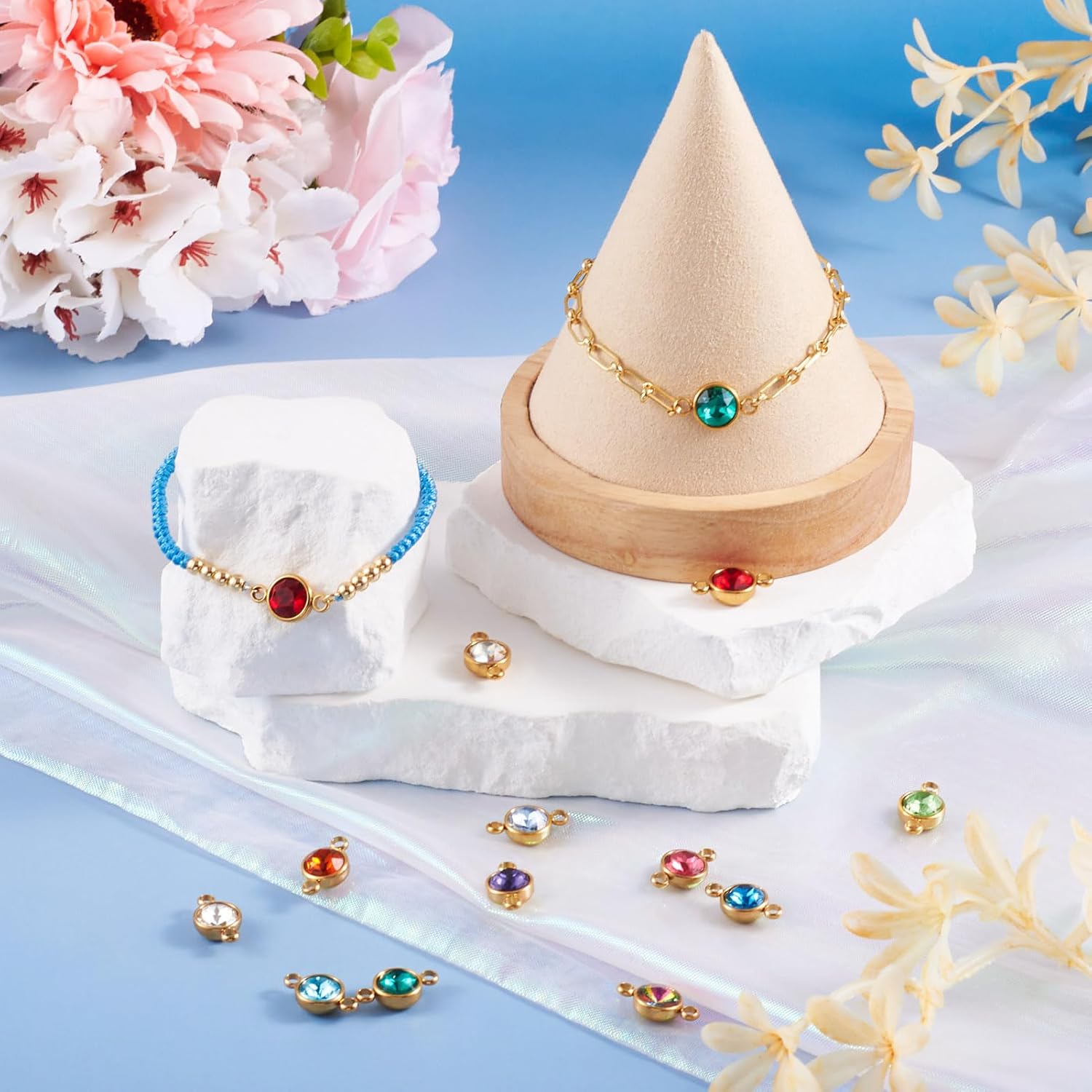 Pandahall 12Pcs Flat Round Birthstone Charms Glass Rhinestone Links Crystal Birthstone Charms Stainless Steel Connector Pendants 12 Colors for Earring Necklace Bracelet Keychain Making - Image 3