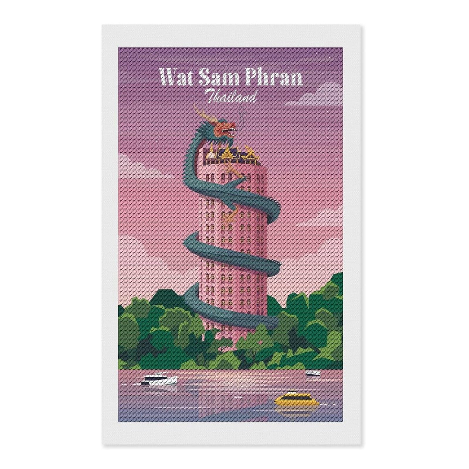 Junmoney Wat Sam Phran Building Thailand Diamond Painting Canvas Set 12"x20", for Craft Lovers, Decorate Your Room, Festive Craft Gift, Vintage Style Decor