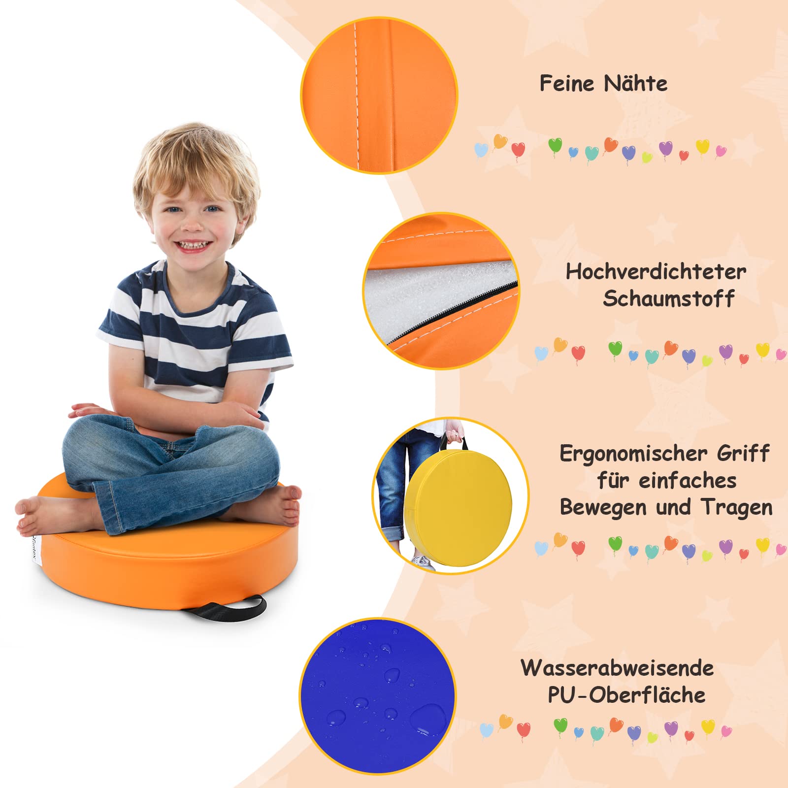 DREAMADE 6 PCS Bodenkissen mit Griff, Rundkissen aus Schaumstoff & PU, Stuhlkissen Sitzkissen für Kinder zur Farberkennung, Für Wohnzimmer, Kinderzimmer, Esszimmer, Garten (Rund, Bunt)