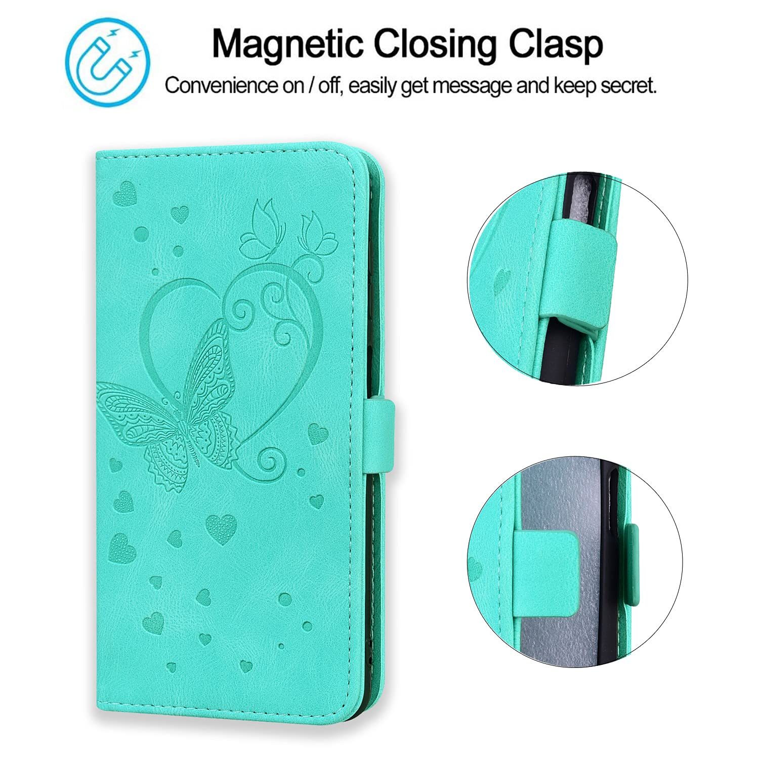 ONETHEFUL Custodia Portafoglio per iPhone 11 Cover Protettiva Libro Phone Case Flip Covers Embossed Farfalla in Finta Pelle con Stand Menta Verde