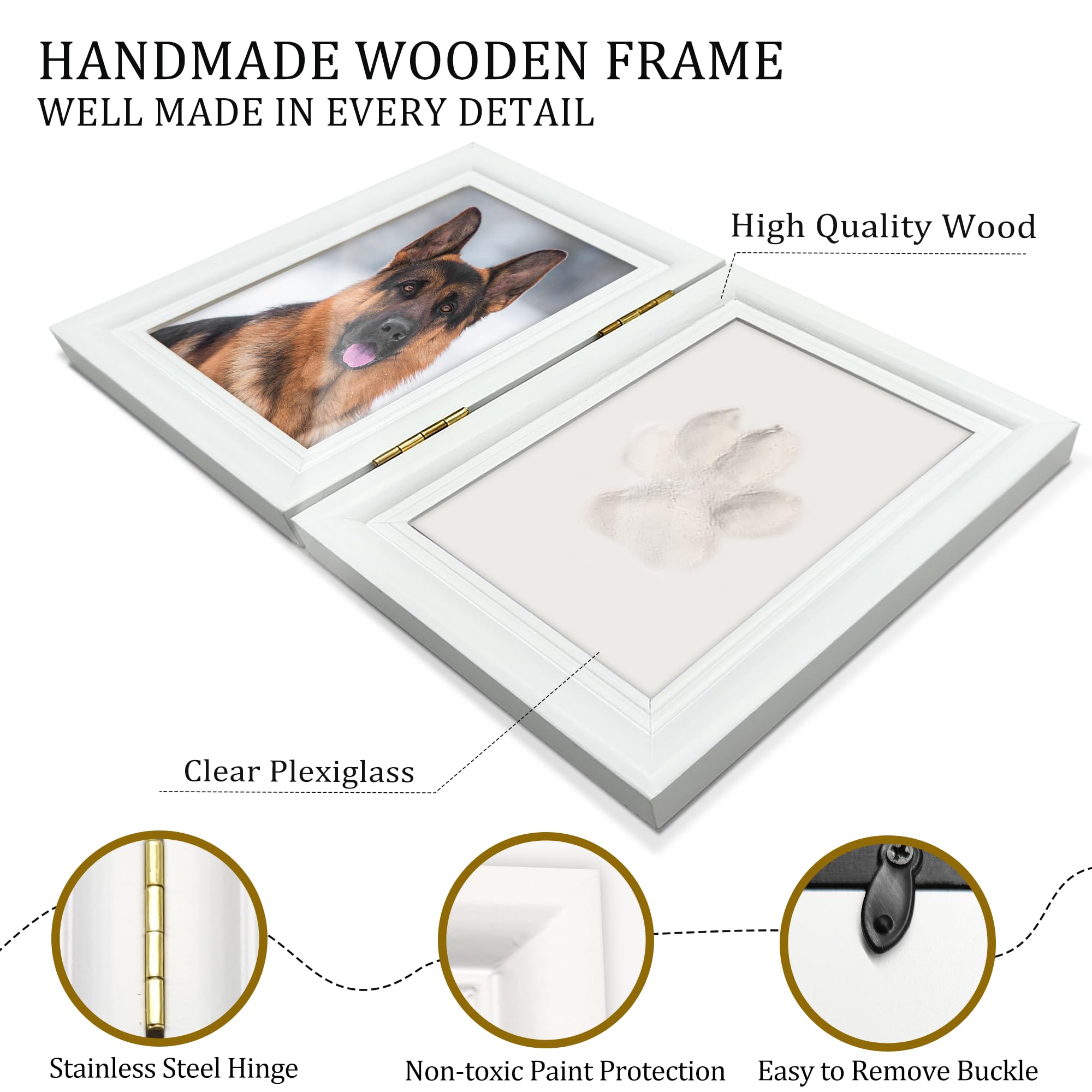 MYPAWLETS Kit de impresión de huellas de perro o gato con baratijas, kit de impresión de huellas de mascotas con 2 arcillas, marco de fotos de madera para perro, tamaño grande, color blanco