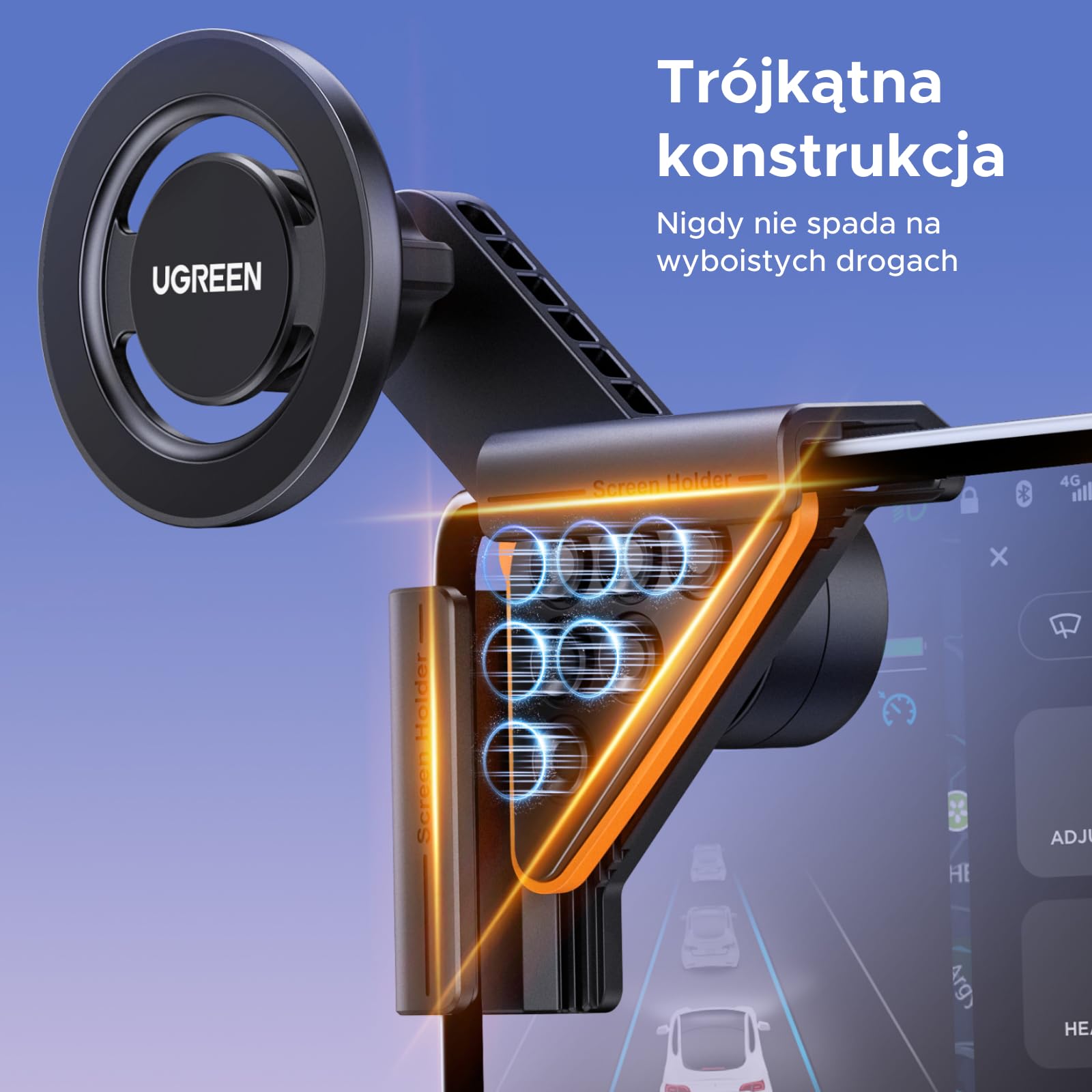 UGREEN MagSafe uchwyt do Tesli 3/Y 360° obr | Kompatybilny z ekranami o grubości 5–11 mm, w zestawie metalowy pierścień, 12 magnesów N52 – siła >18N, montaż beznarzędziowy