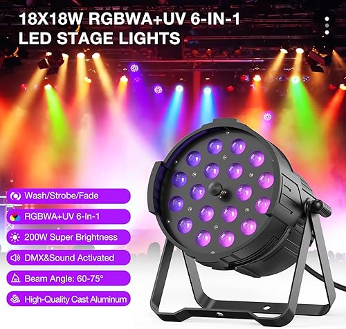 Miniatura 2 de Luz LED par de 18 x 18 W RGBWA+UV 6 en 1 luz de escenario al aire libre, luz de DJ profesional de lavado DMX de alta potencia para eventos, fiestas