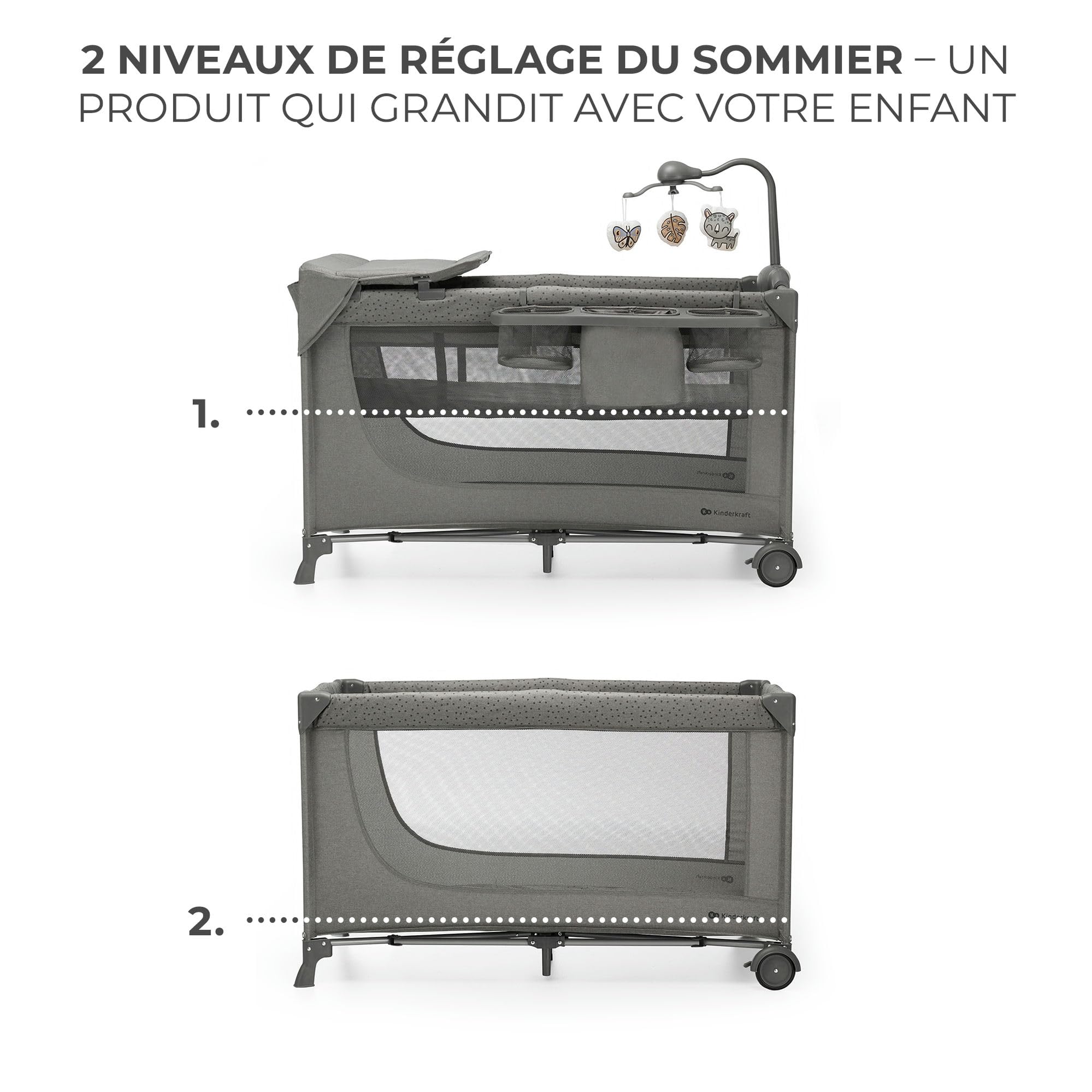 Kinderkraft Joy 2 ACC Lit Parapluie 2 en 1, Lit bébé de la Naissance Jusqu’à 15 kg, 120 x 60 cm, Facile à Plier, Carrousel avec Jouets, Étagères pour Les Couches, Sac de Transport Inclus, Gris