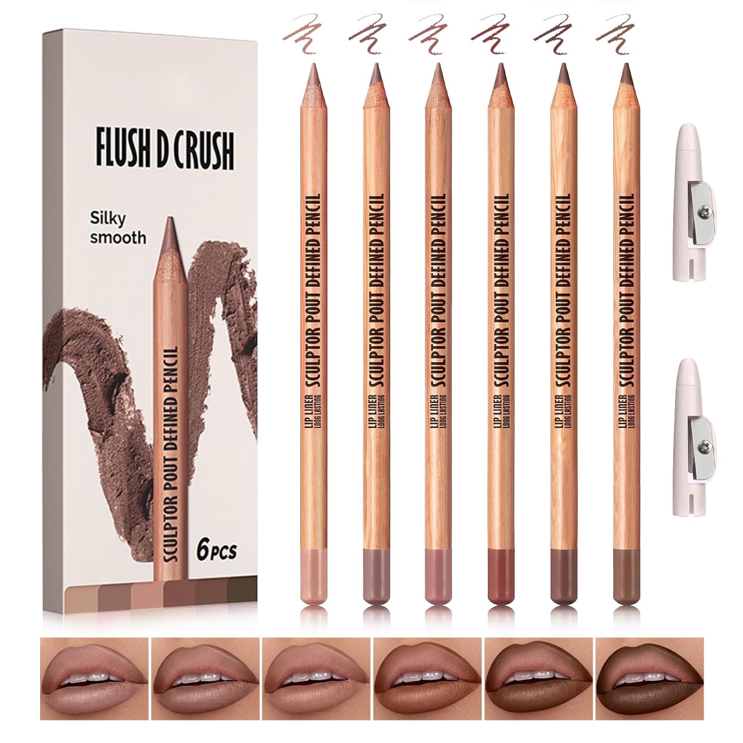 6 Colors Lip Liner Set Nude Brown Lip Liner Pack, Natural Matte Finish, Smooth Long Lasting Lip Liner Pencil with 2 Sharpeners-Set 02