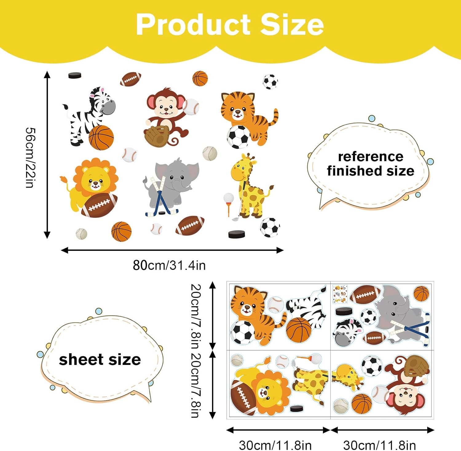 Supzone Cartoon Animal Sport Wall Decals - Sports Balls, Jungle Monkey Lion Giraffe DIY Vinyl Wall Art Stickers for Kids Baby Nursery Playroom Bedroom Girls Boy Room Decor