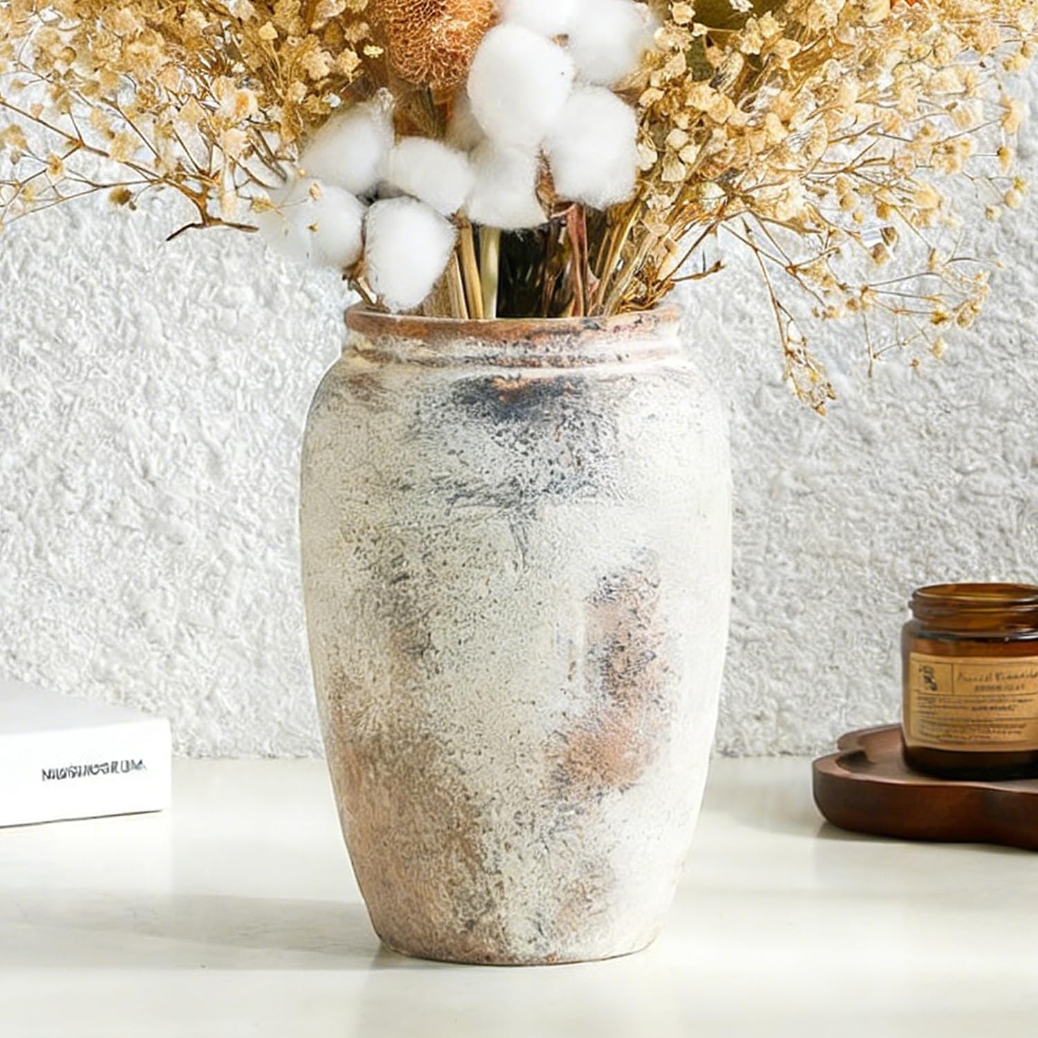 Aisamco Ceramic Flower Vase,8.3 inch Tall Farmhouse Rustic Vase Floral Pottery Vases Decorative Terracotta Vases for Home Decor Floor Kitchen Dining Desk Shelf Coffee