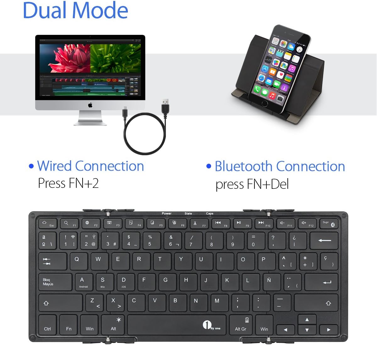 Diagram showing wired and Bluetooth connection methods for the 1byone keyboard