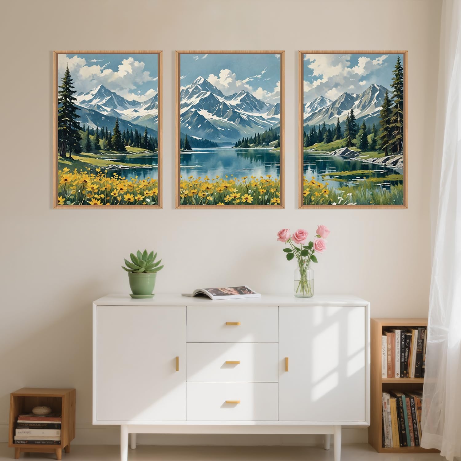Condition photo showing New/Like New for bicere large snow mountain wildflower framed canvas wall art,pine tree woodland wall decor,forest floral lake wall painting,watercolor scenery artwork for living room,bedroom,dining room,office -24"x36"x3 mountain lake wall art 36"l x 24"w