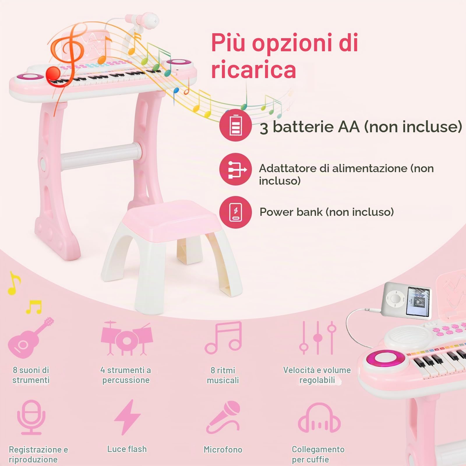 KOMFOTTEU Pianoforte per Bambini con 37 Tasti, Pianola per Bambina con Effetti Luminosi e Microfono Regolabile, Tastiera Musicale Bambini con Sgabello, 8 Ritmi/Suoni per Bambini 3+ Anni (Rosa)