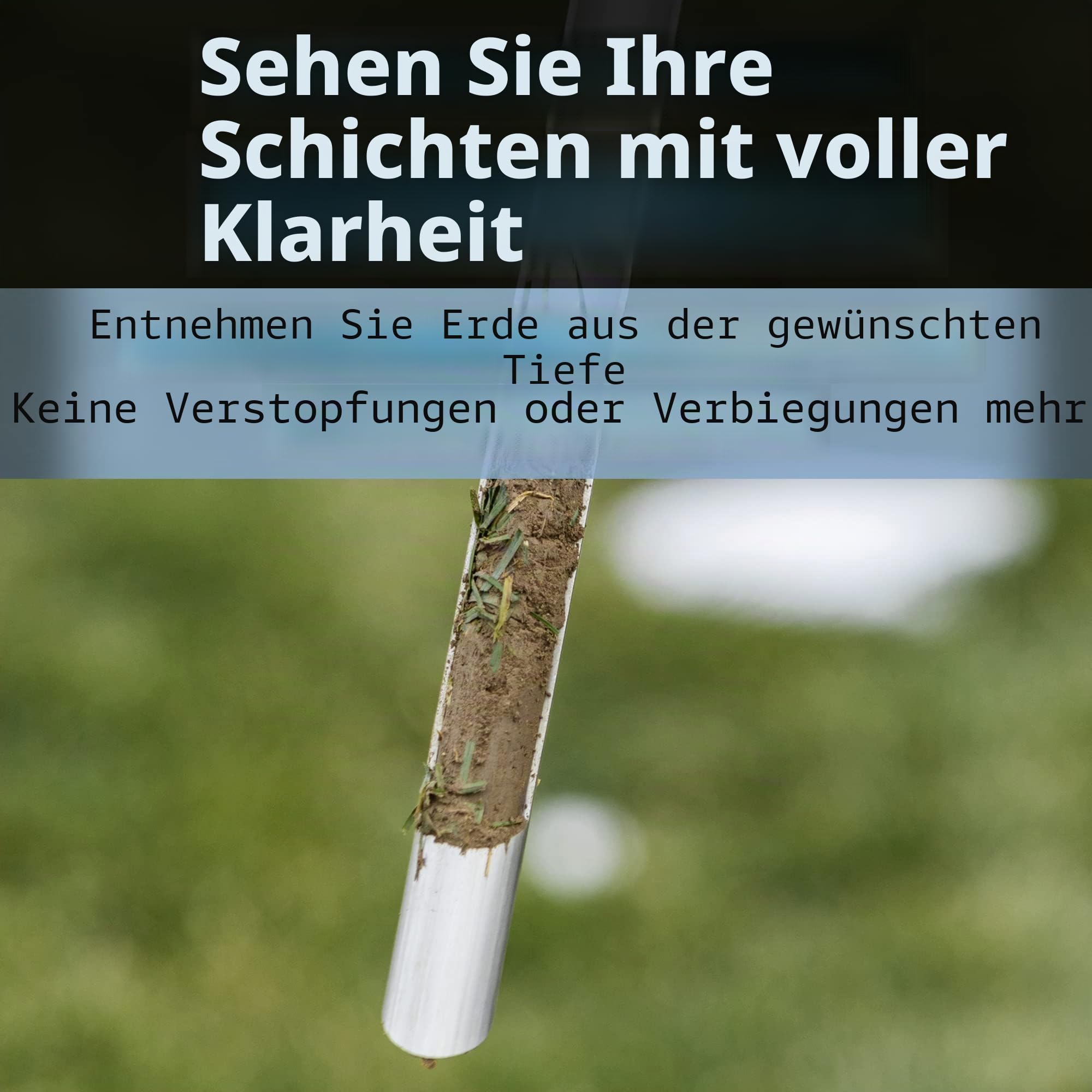 Bodensonde mit kleinen Bodenprobenbeuteln. 50,8 cm-Bodenprobensondenstab. Zum Patent angemeldetes Bodensondendesign für saubere Schichten bei der Bodenprobenentnahme