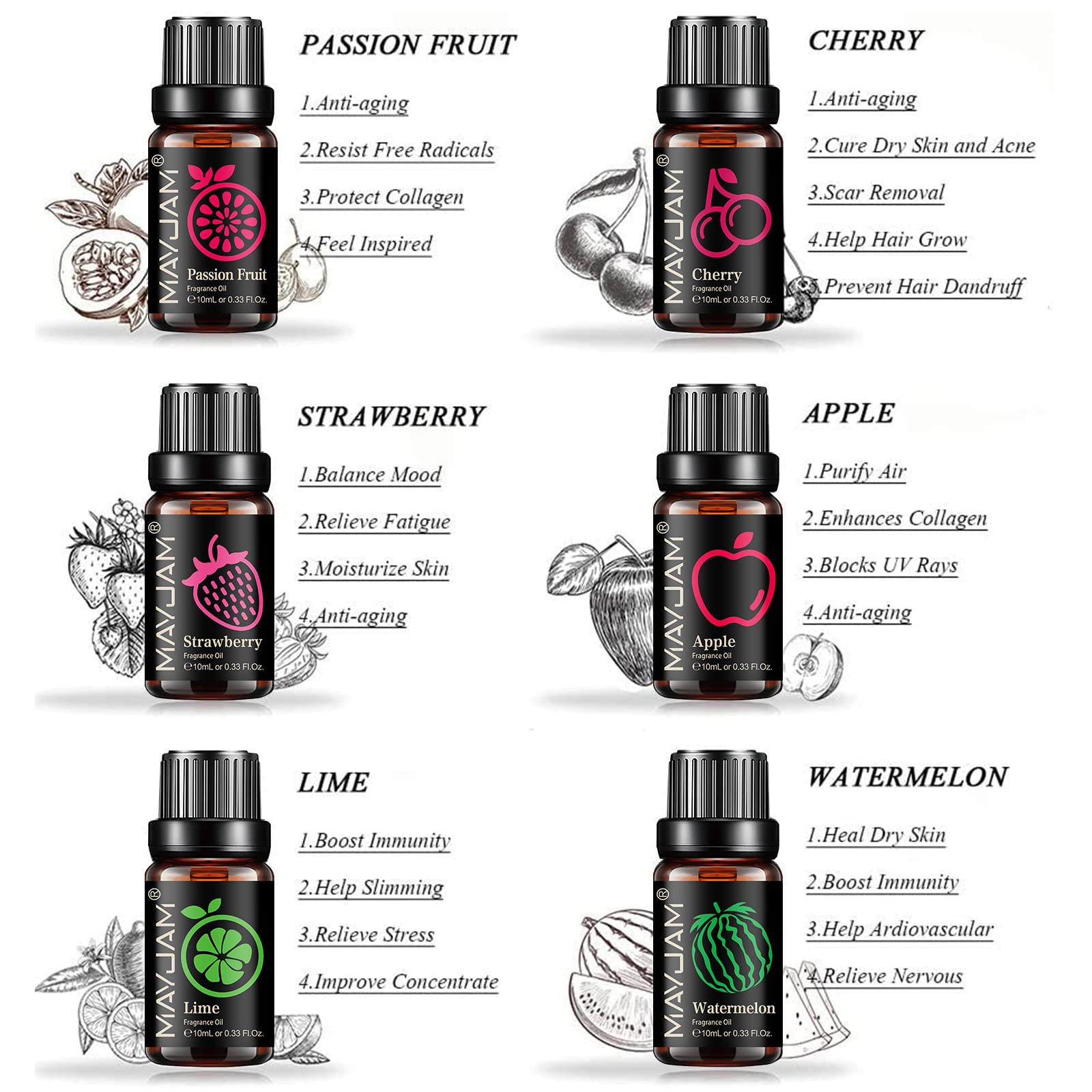 MAYJAM Set Olio Essenziale Di Frutta 8 X 10ml, Per Oli Essenziali Di Frutta Diffusa - Mango, Frutto Della Passione, Fragola, Anguria, Cocco, Ananas, Banana, Uva