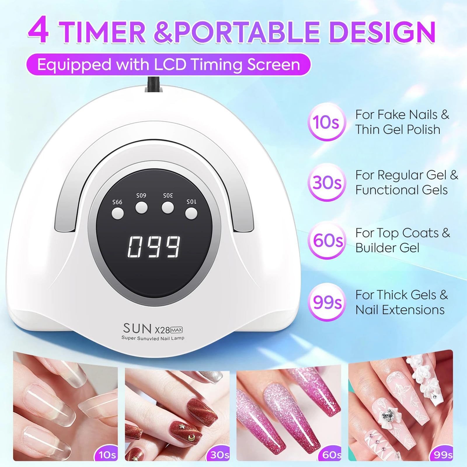 Lampe UV Ongles 380W–Sèche-Ongles UV LED pour Gel,90 LEDs Haute Puissance,Capteur Automatique,4 Minuteries,Poignée Portable–Usage Maison & Salon
