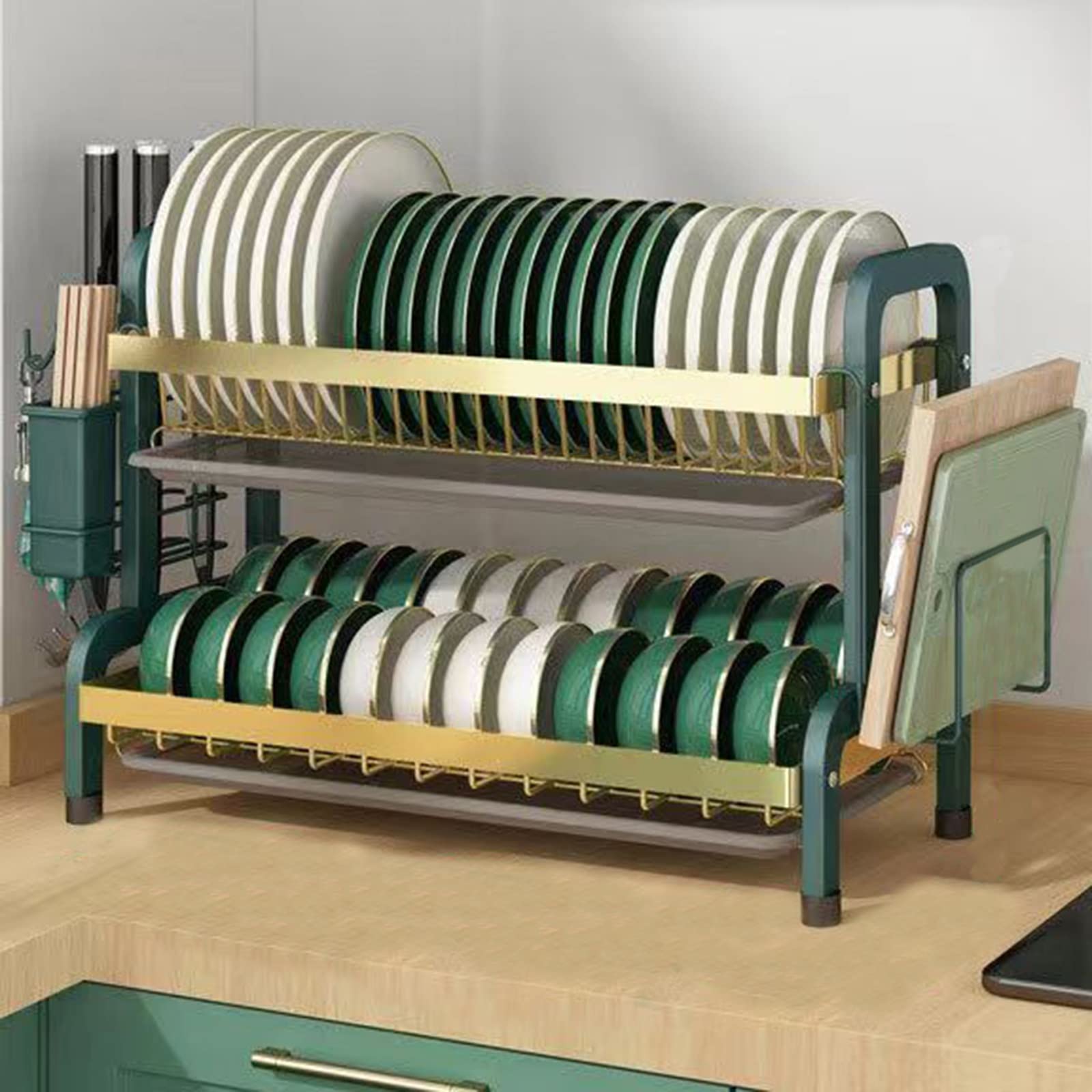 ROHCGHC Kitchen draining rack, 3-Tier Spice Rack, Adjustable Large Dish Drainer For Storage Kitchen Counter Organization Compact Drainboard Set Green 56x23
