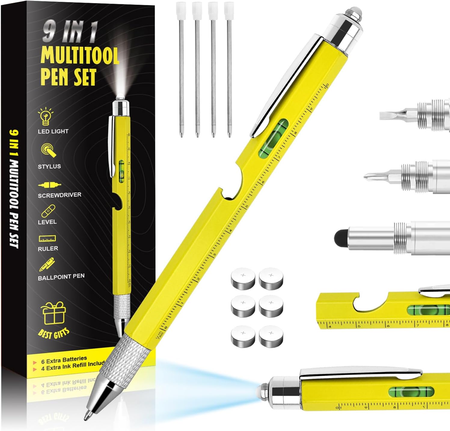 Cool Pen Gifts for Men, 9-in-1 Multi Tool Tech Pen Gadgets Tools for Men, Personalized Gifts for Dad or Him, Funny Gift for Christmas, Father's Day Valentines or Birthdays Gifts (9 IN 1 Yellow)