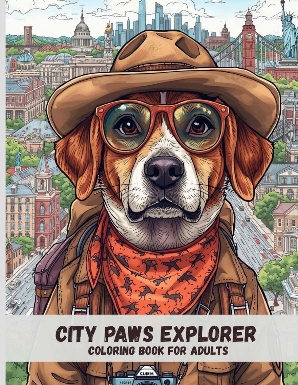 City Paws Explorer: Artistic Adult Coloring Pages of Traveling Dogs Discovering Cities Around the World