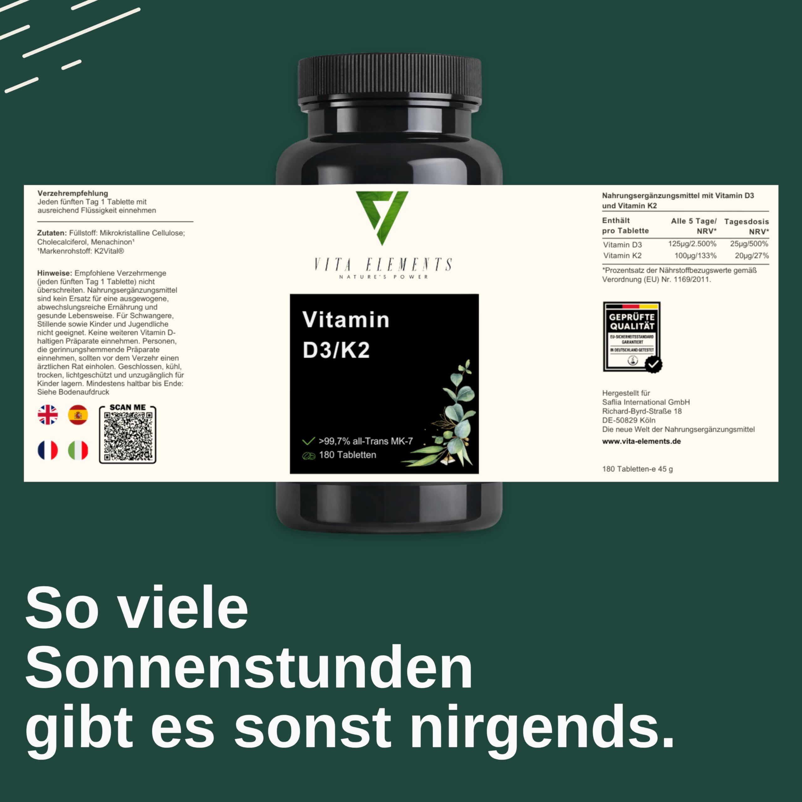 Vita Elements Vitamin D3 + K2 Depot - MK7 All-Trans - 180 Tabletten - Langzeitvorrat- Laborgeprüft - Ohne Zusätze – Vegan