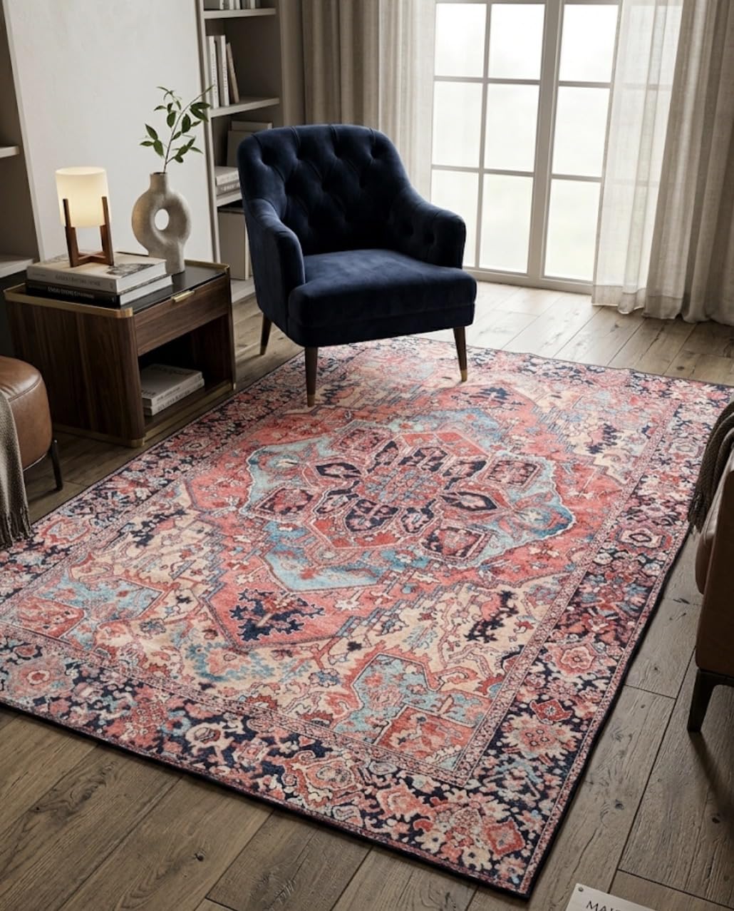 Générique Tapis Rectangulaire Style Vintage Persan, Motif Traditionnel, Rouge Bleu Beige, 120 x 180 cm, Décoration Salon Chambre