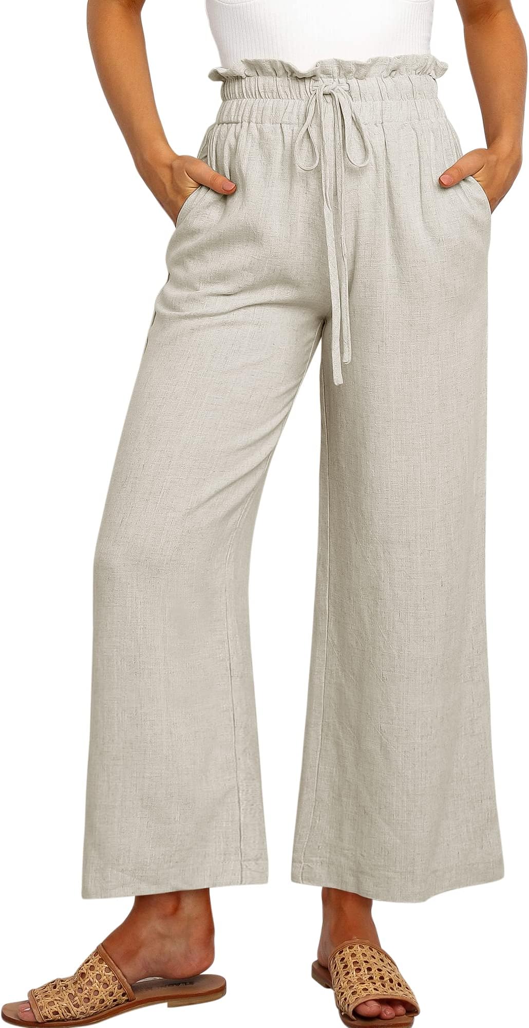 ANRABESS Women Linen Pants Casual Loose High Waist Boho Wide Leg Cropped Palazzo Beach Pants Summer Outfits 2026 Trendy