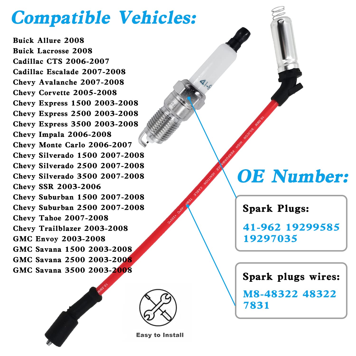 8Pcs 48322 Spark Plugs Wires + 8Pcs 41962 Spark Plugs Set, for