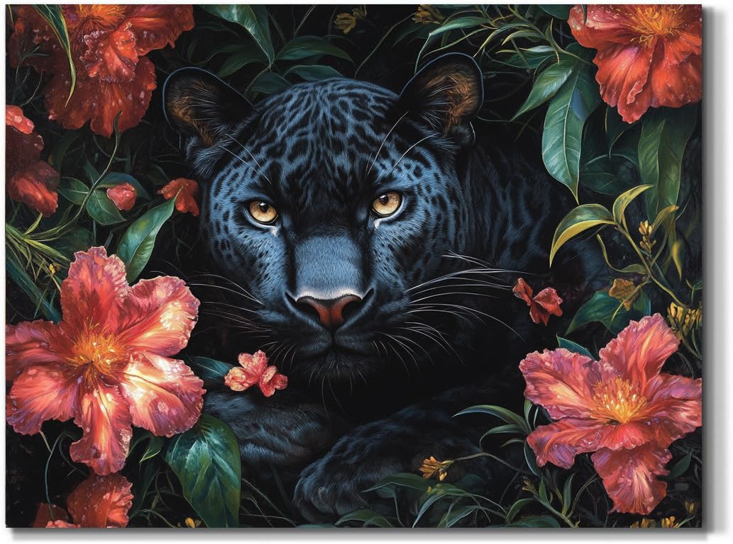 Panther and Flower Paint by Numbers Kit for Adults, 16"x20" Canvas Painting Kit for Beginners, Modern Aesthetic DIY Paint by Number on Canvas for Home Wall Decor B549