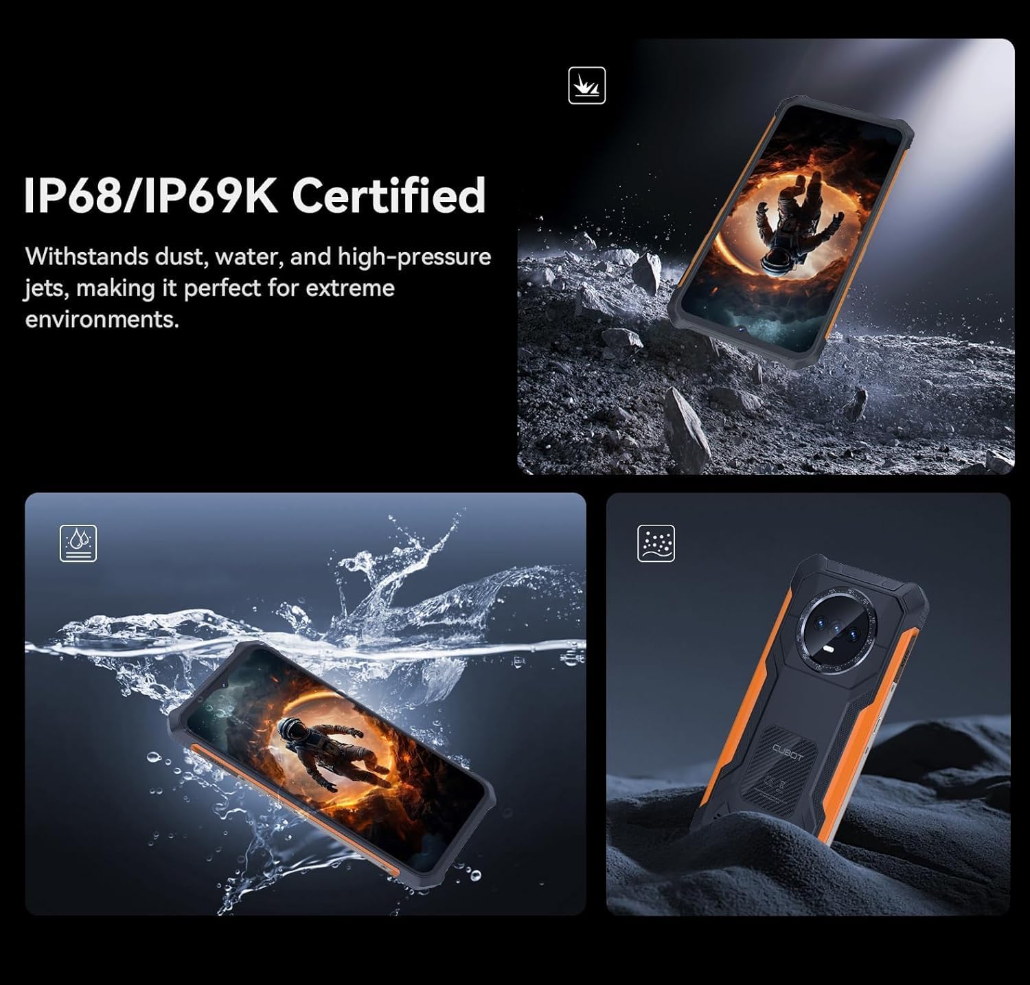 CUBOT KINGKONG ES demonstrating IP68/IP69K water and dust resistance