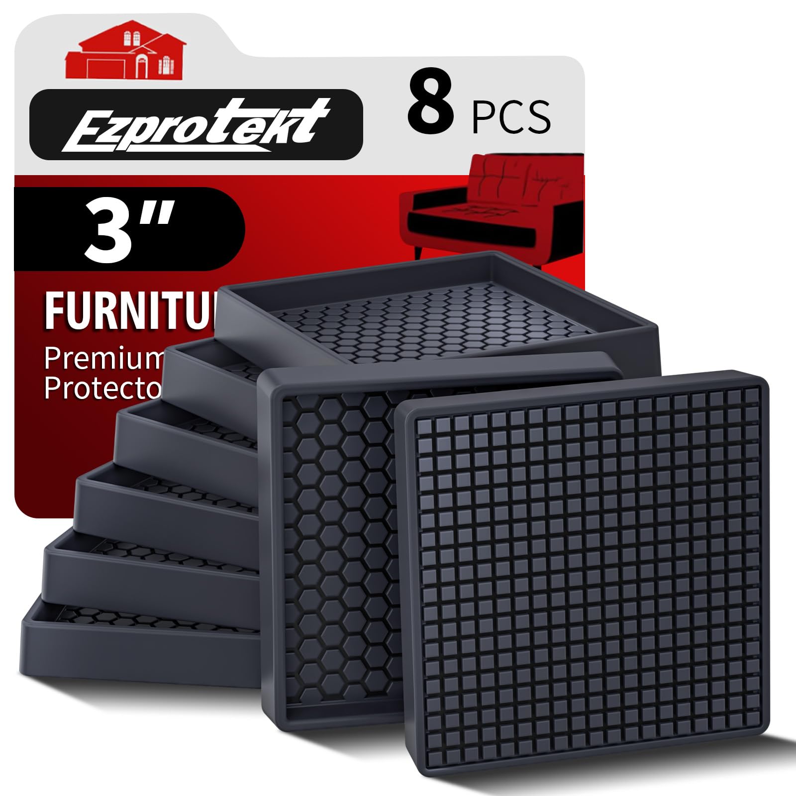 Ezprotekt Non Slip Furniture Pads, 8 Pcs 3" Anti Skid Rubber Furniture Caster Cups, Anti-Slip Furniture Coasters for Hardwood Floors, Anti Slide Floor Protectors for Bed Couch Stoppers (Black)