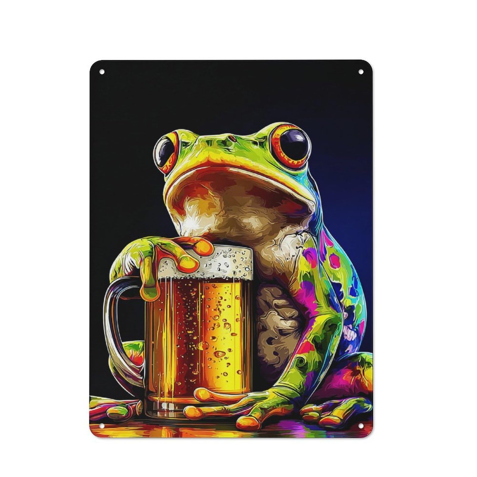 Junmoney Frog With Colorful Drink Metal Sign 40X30cm With For Workshop Wall, Rustic Decor, Wall Decoration For Workshops And Hobby Rooms