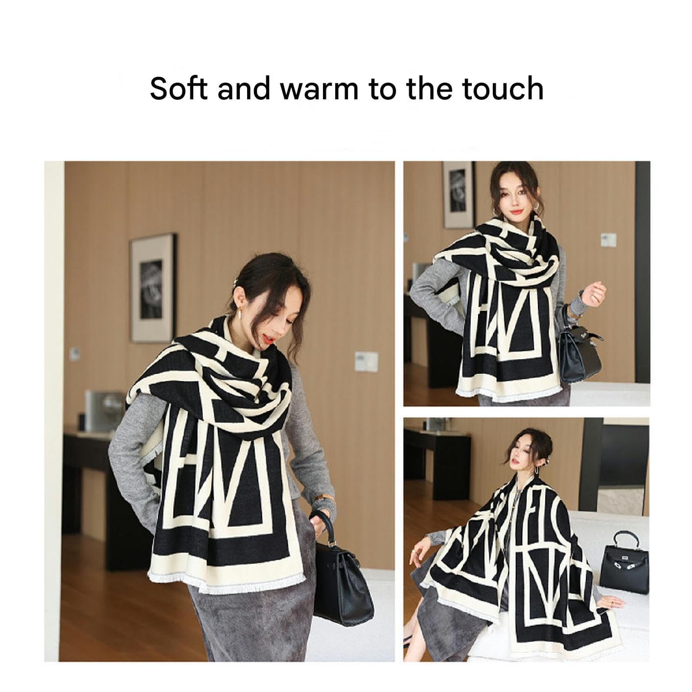 Sciarpa Donna Sciarpa da Donna Elegante per Inverno, Morbida E Calda, Sciarpa in Cashmere per Donne, Capispalla, Regalo Femminile 63 * 190 Cm-Nero