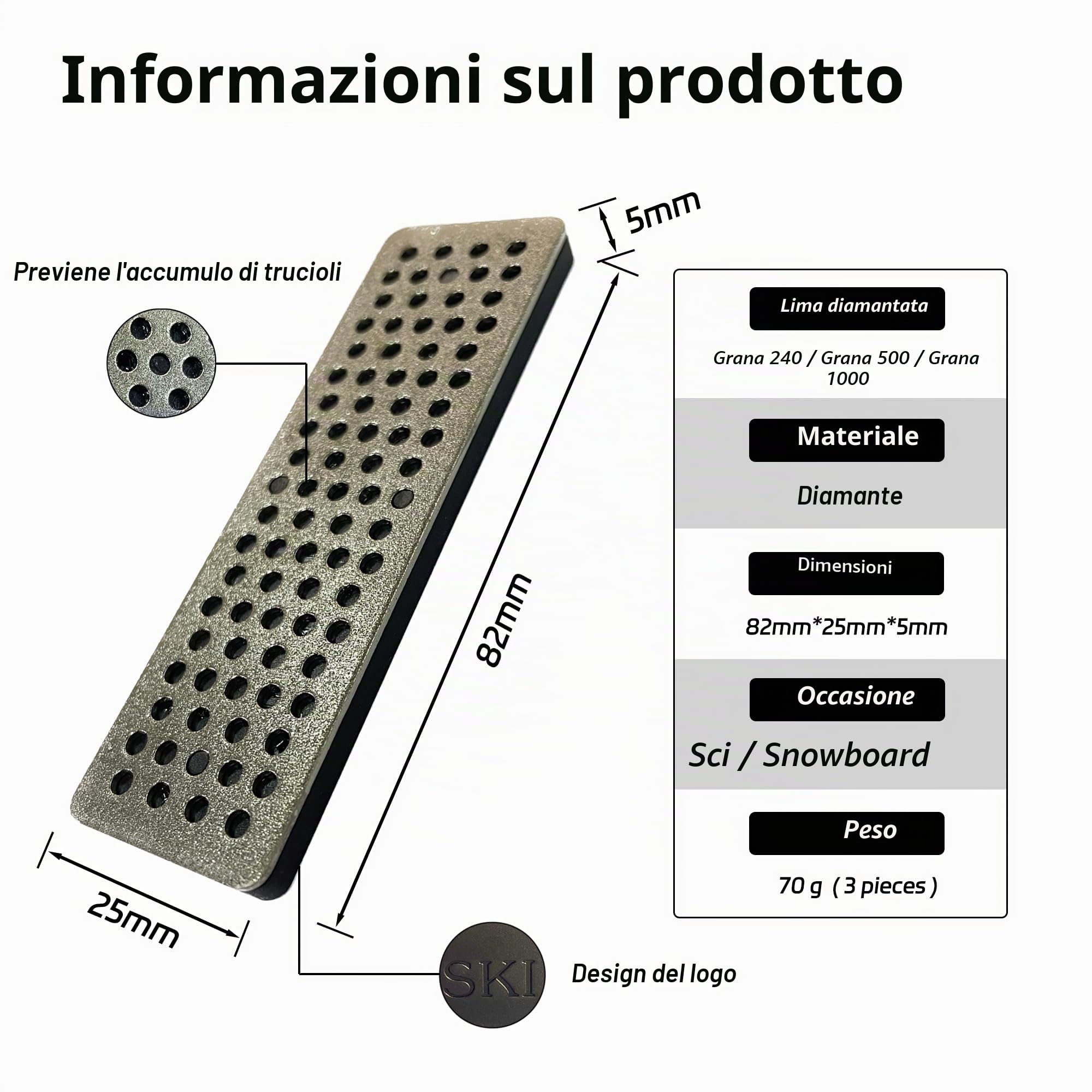 Kit di 3 Dischi diamantati per Sci da Snowboard e Sci con Bordo smussato, Grana 240, Grana 500, Grana 1000, per sciatori