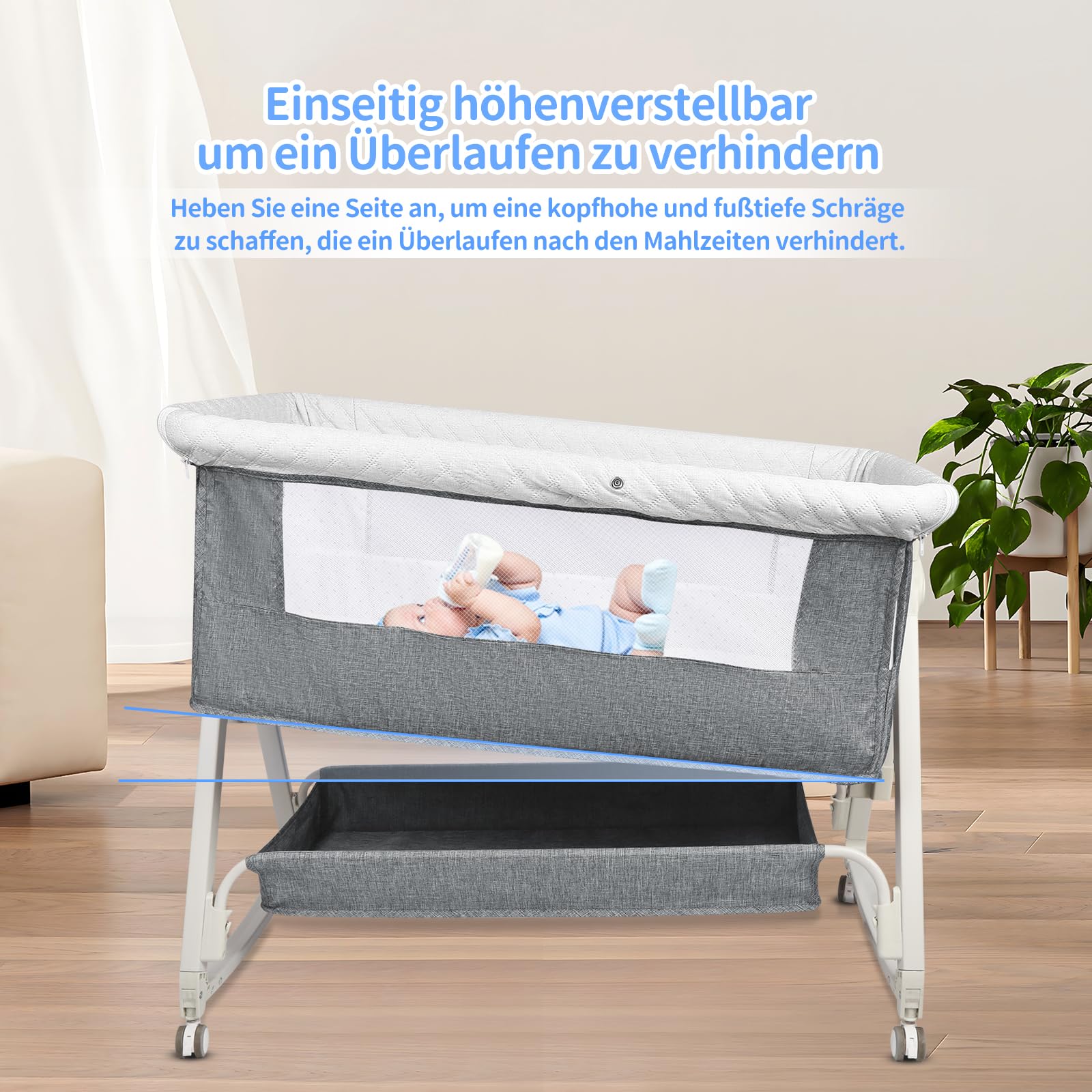 OHMG 3 in 1 Babybett bis 9 kg,Beistellbett,Wiege,Höhenverstellug und Einstellung der Neigung der Matratze,4 Räder mit Bremse Ergonomische Matratze Tasche (95x50x98-110cm(grau))