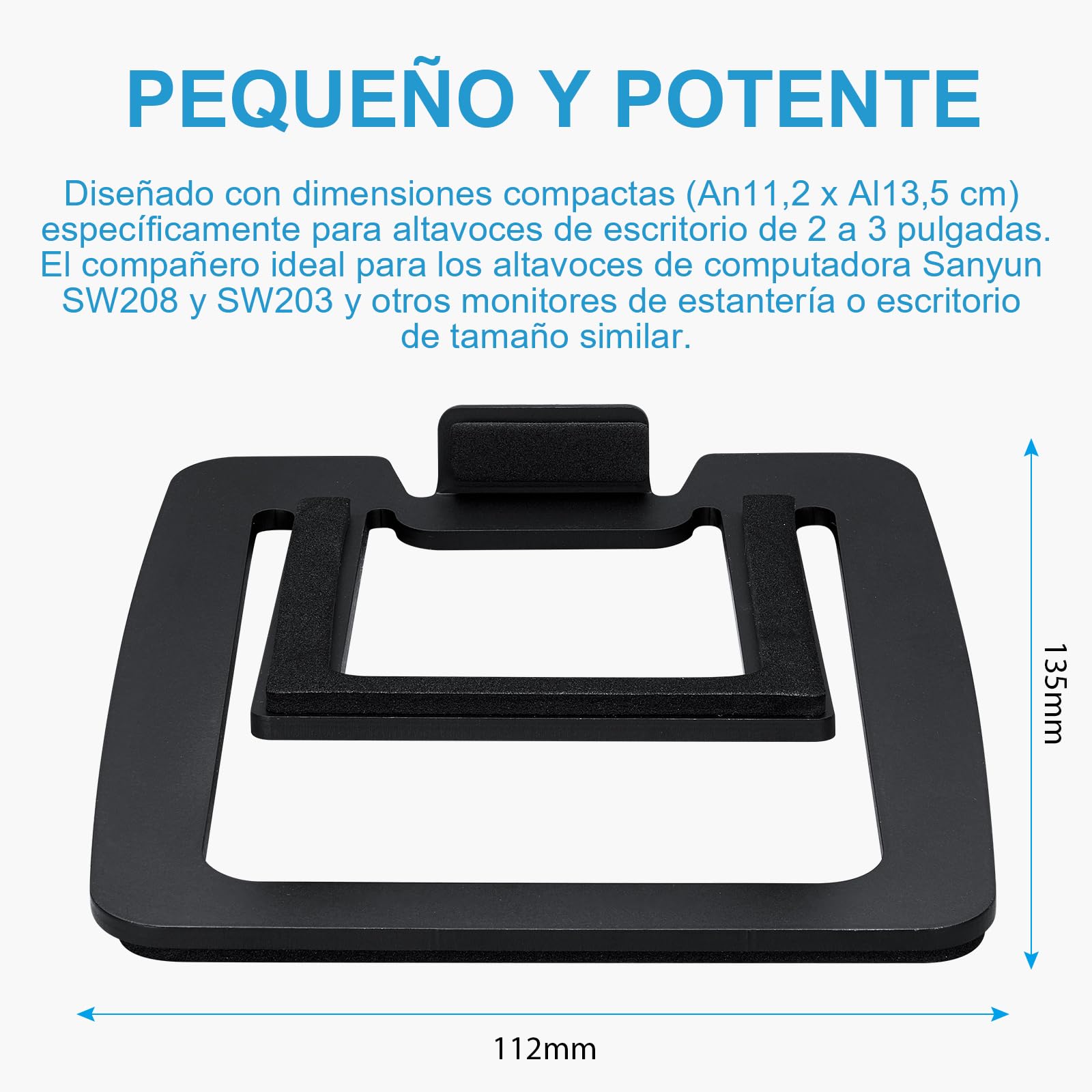 Sanyun SW601 Soportes para Altavoces de Escritorio Inclinados 15° para Altavoces Compactos de 2''-3'' para PC, Estantería o Monitor, Base de Acero y Almohadilla de Espuma Amortiguadora (Par, Negro)