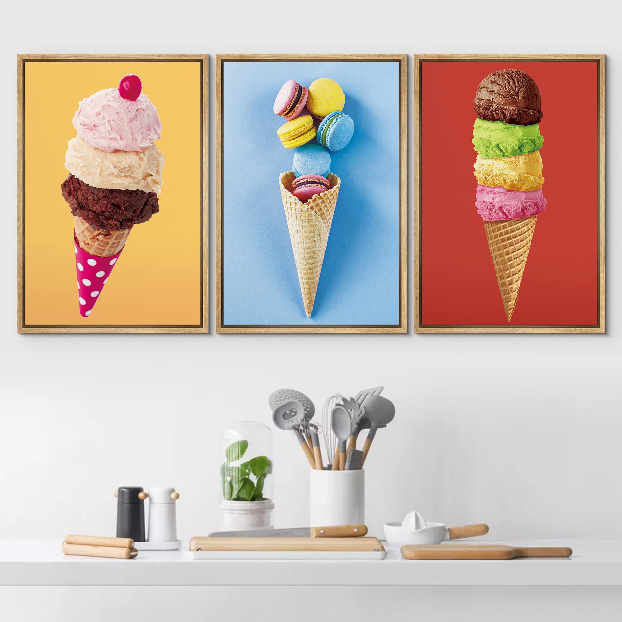 wall26 Framed Canvas Print Wall Art Set Stacked Ice Cream Cones & Macarons Food Dessert Photography Realism Contemporary Scenic Colorful for Living Room, Bedroom, Office - 24