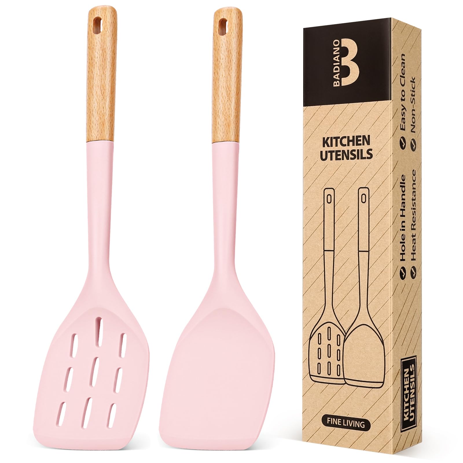 Pack of 2 Silicone Spatula, Non Stick Cooking Utensil Set Wooden Handle Kitchen Turner for Baking Mixing Grilling Serving Food Heat Resistant Non Scratch Hooks Included (Pink)