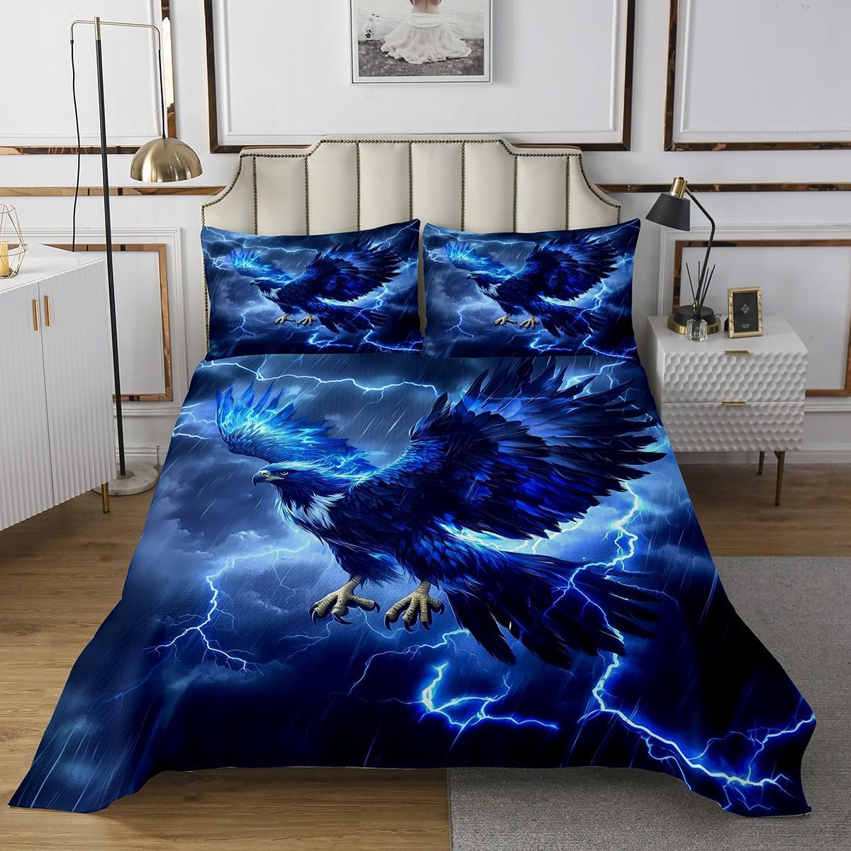 Homewish Eagle Bedspread King Size 3 Pcs,Blue Neon Light Lightning Bedding Set for Kids Teens Adults,Wild Bird Animal Decor Cool Coverlet Set with 2 Pillowcases