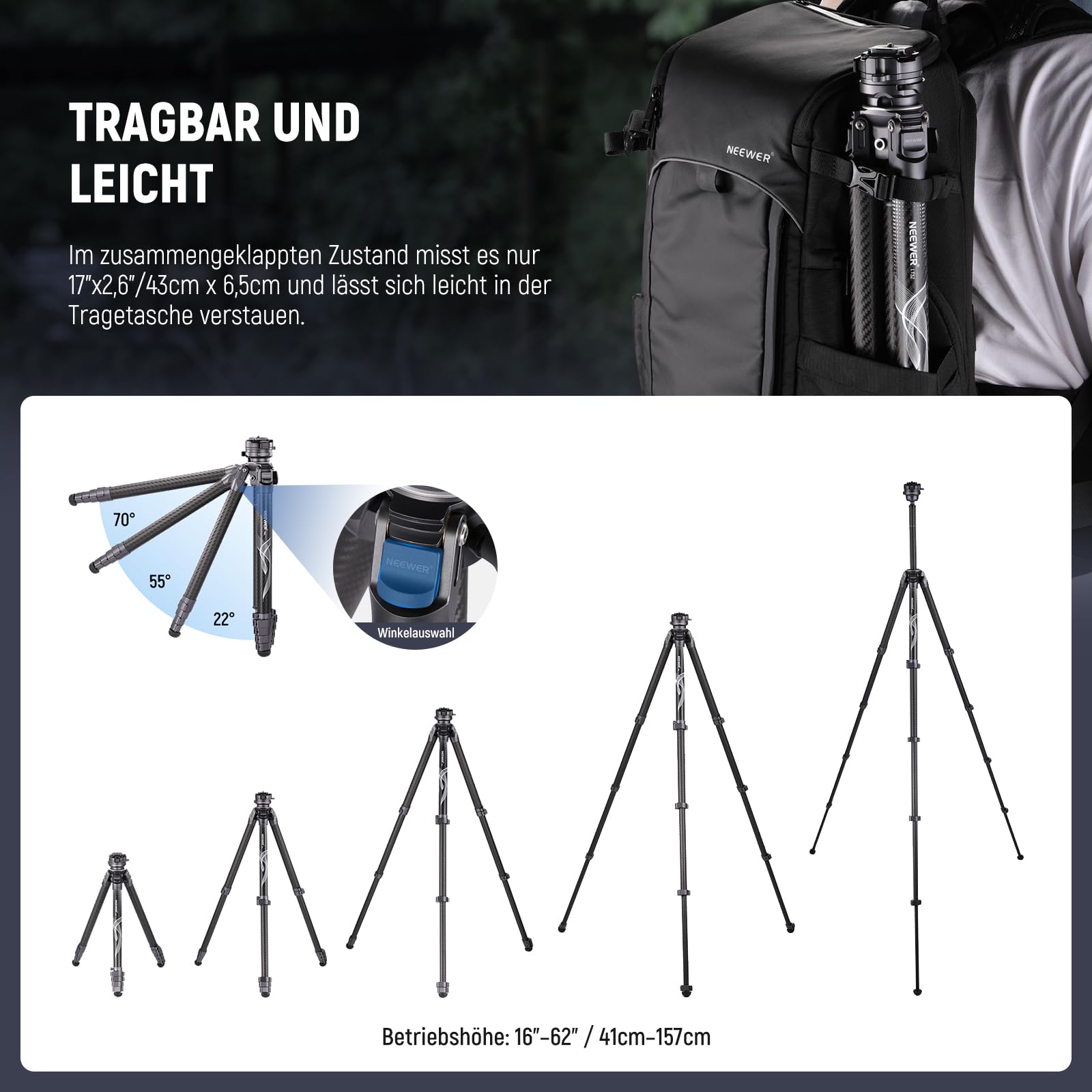 NEEWER LITETRIP LT32 Kamera Reisestativ, tragbarer Ständer aus Carbonfaser, Kugelkopf mit Mittelachse Klappverschluss Reinigungstuch Arca QR Platte kompatibel mit Peak Design Capture V3 (ehemals TP62)