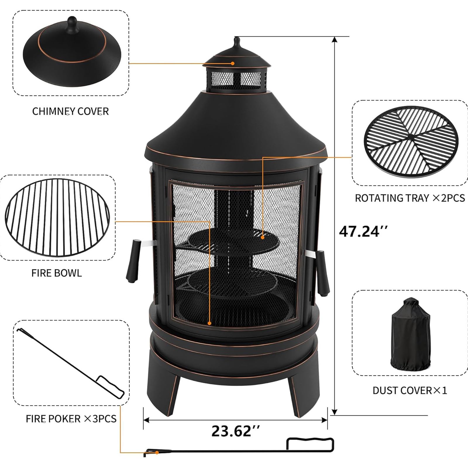 Ogrodowy piec opalany drewnem/Kominek ogrodowy typu chiminea | Powłoka antykorozyjna, wyjmowany pojemnik na popiół, deflektor dymu; idealny do ogrodu, na patio i do rozpalania ogniska