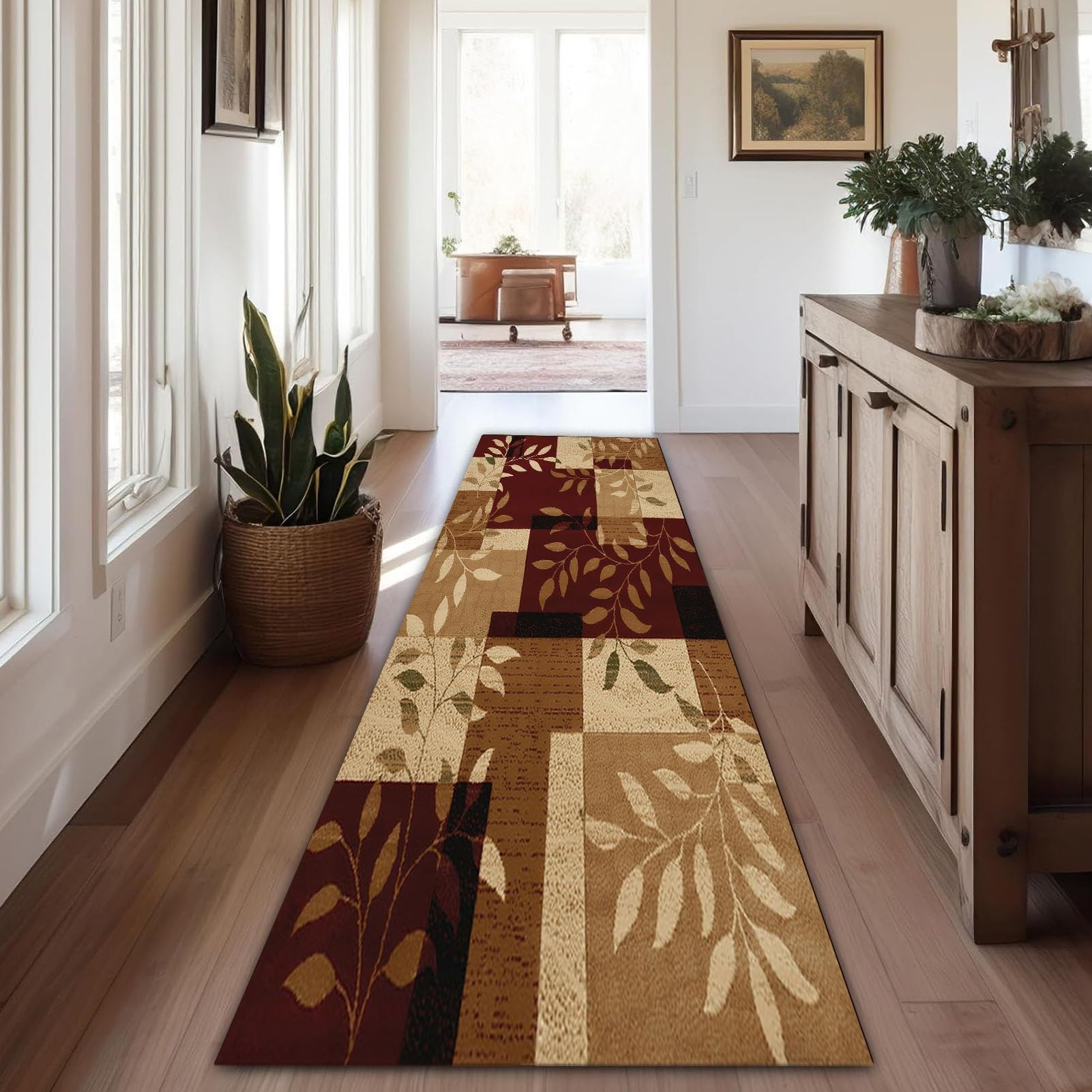 Tappeto passatoia in moquette rosso marrone per corridoio, tappeto lungo antiscivolo, tappetino lavabile per cucina, tappeto passatoia per corridoio stretto con retro in gomma - Motivo floreale (Size