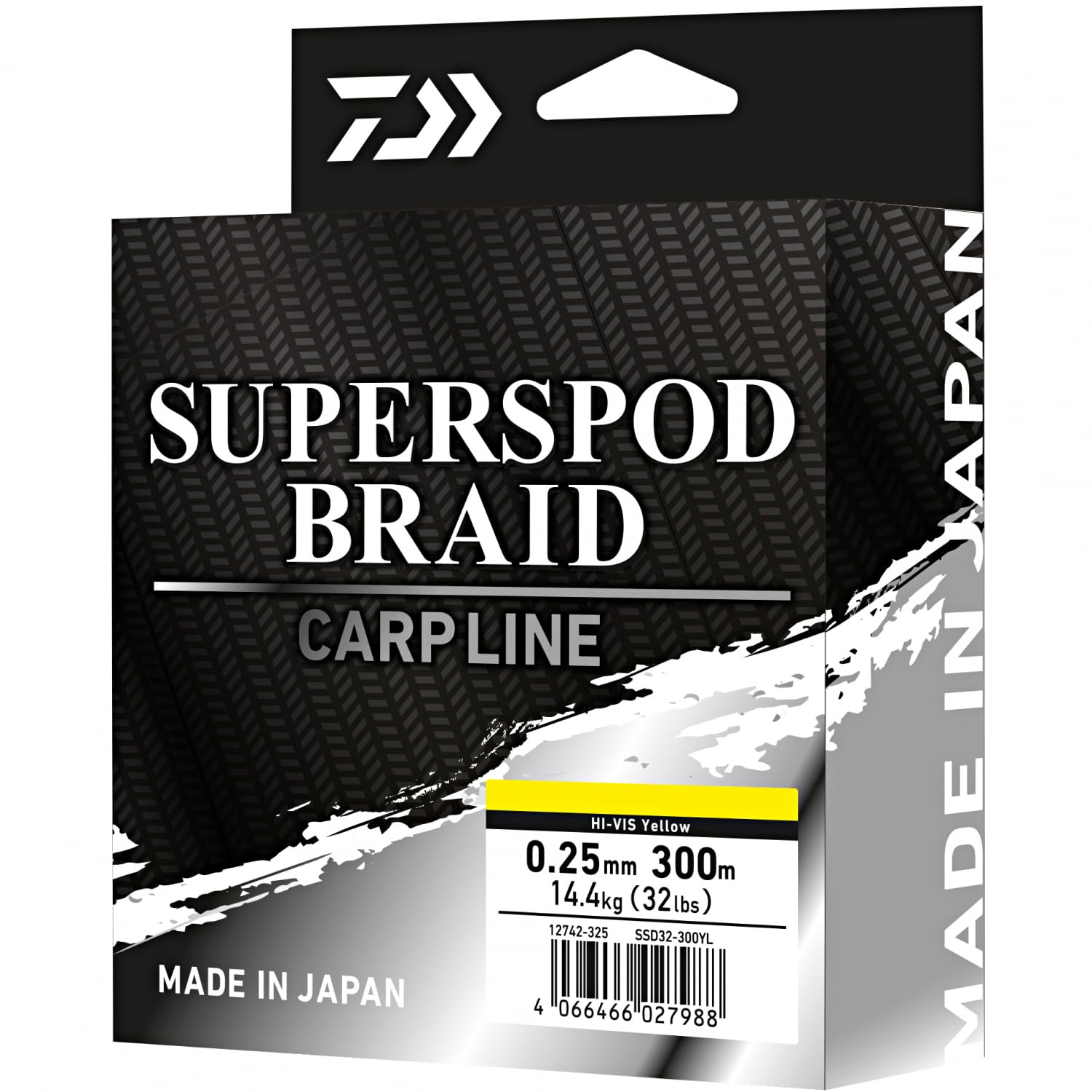 DAIWA Superspod Braid, 300m, 0.25mm, 14.40kg, 32.0lb, Braided Fishing Line, Hi-Vis Yellow