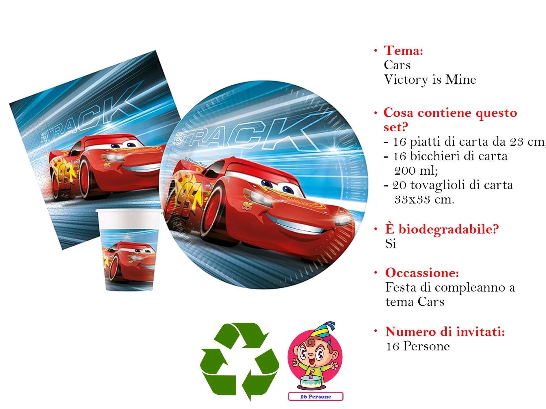 Kit festa di compleanno Cars Victory is Mine per 16 persone eco-friendly (16 piatti di carta ⌀ 23 cm, 16 bicchieri di carta 200 ml, 20 tovaglioli di carta 33x33 cm)