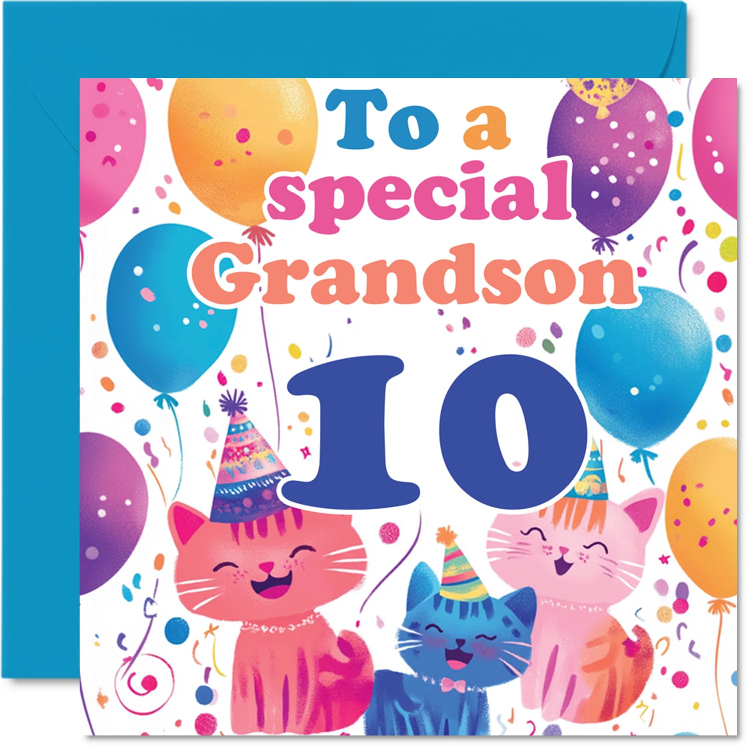 10th Grandson Birthday Card - Cute Cats Special Grandson - Happy 10th Birthday Card from Nanny Grandma Grandad, 145mm Age 10 Greeting Cards