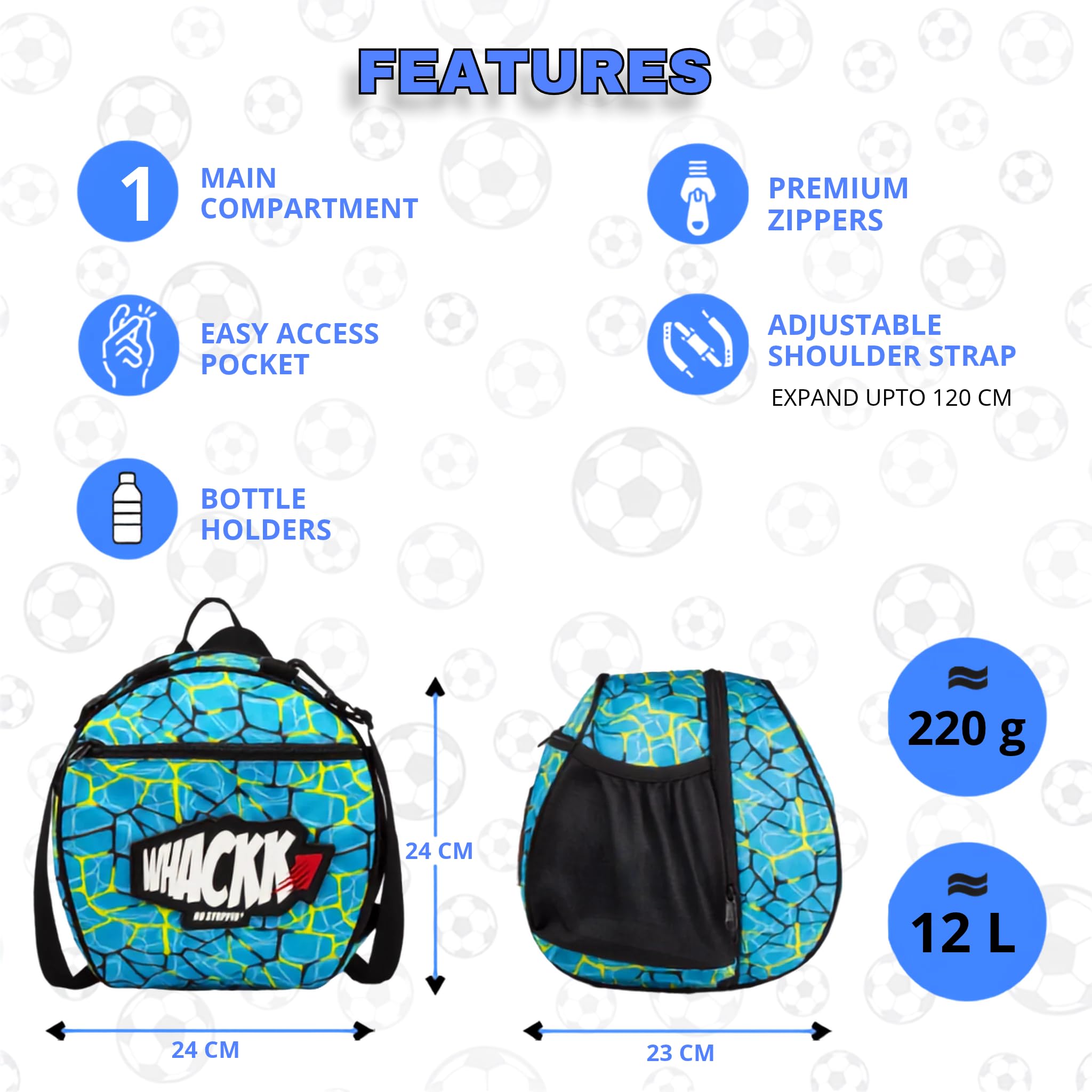 WHACKK Bolsas de equipo de fútbol de ataque, bolsas de baloncesto y voleibol, mochila con correa ajustable, bolsillos de fácil acceso, soportes para botellas de malla, bolsa de pelota, bolsa de kit